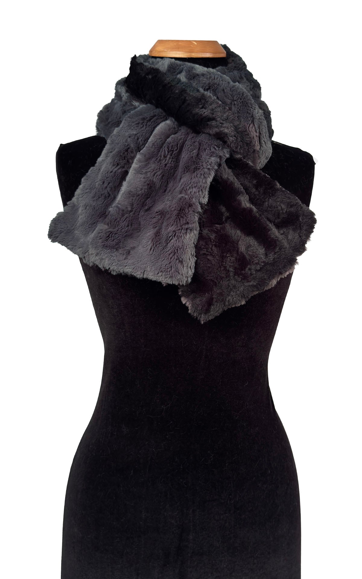 Classic Two-Tone Scarf in Luxury Cuddly Smoky and Cuddly Black Faux Furs. Made in Seattle, WA, USA by Pandemonium Seattle.