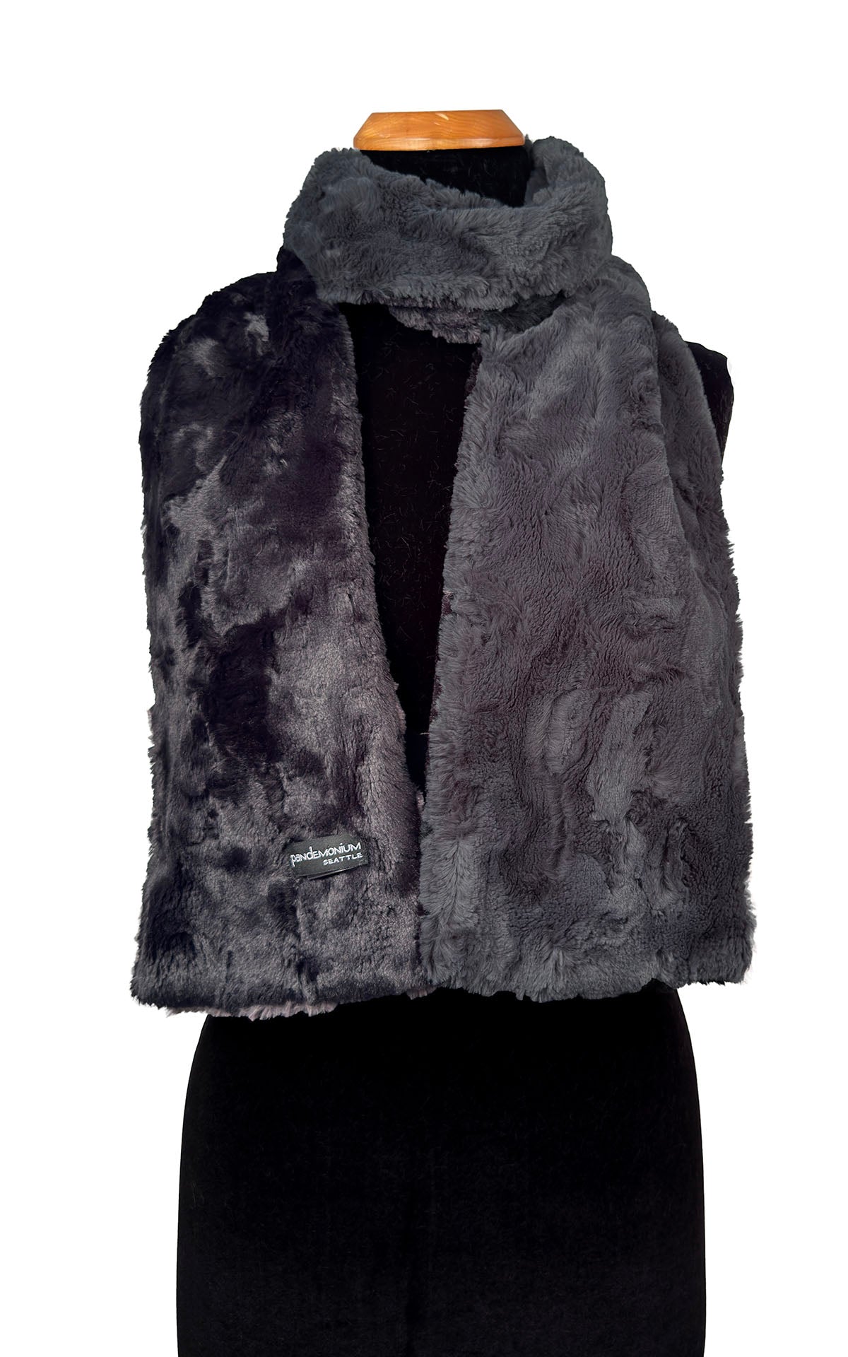 Classic Two-Tone Scarf in Luxury Cuddly Smoky and Cuddly Black Faux Furs. Shown draped around neckline. Made in Seattle, WA, USA by Pandemonium Seattle.