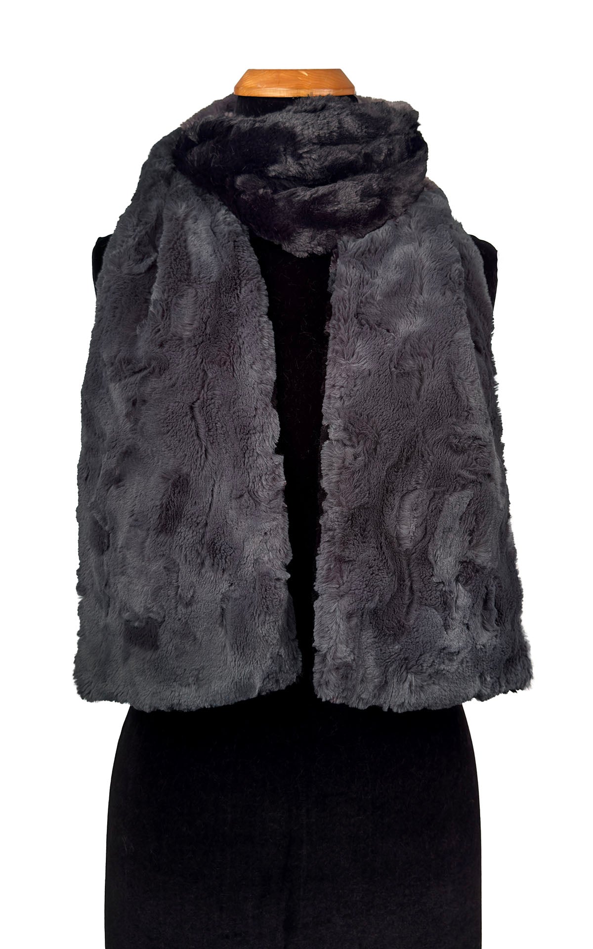 Classic Two-Tone Scarf in Luxury Cuddly Smoky and Cuddly Black Faux Furs. Shown with Cuddly Black around neckline. Made in Seattle, WA, USA by Pandemonium Seattle.