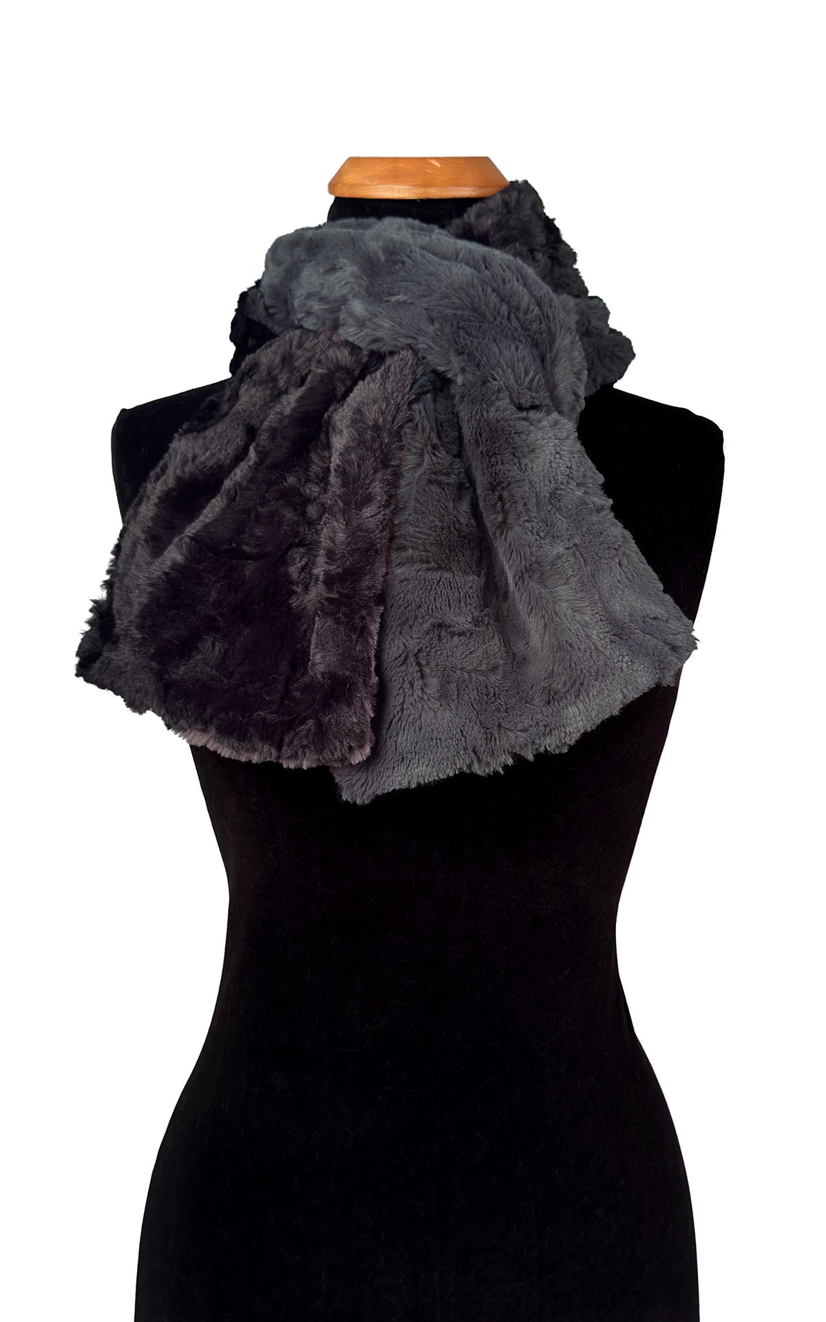 Classic Two-Tone Scarf in Luxury Cuddly Smoky and Cuddly Black Faux Furs. Made in Seattle, WA, USA by Pandemonium Seattle.