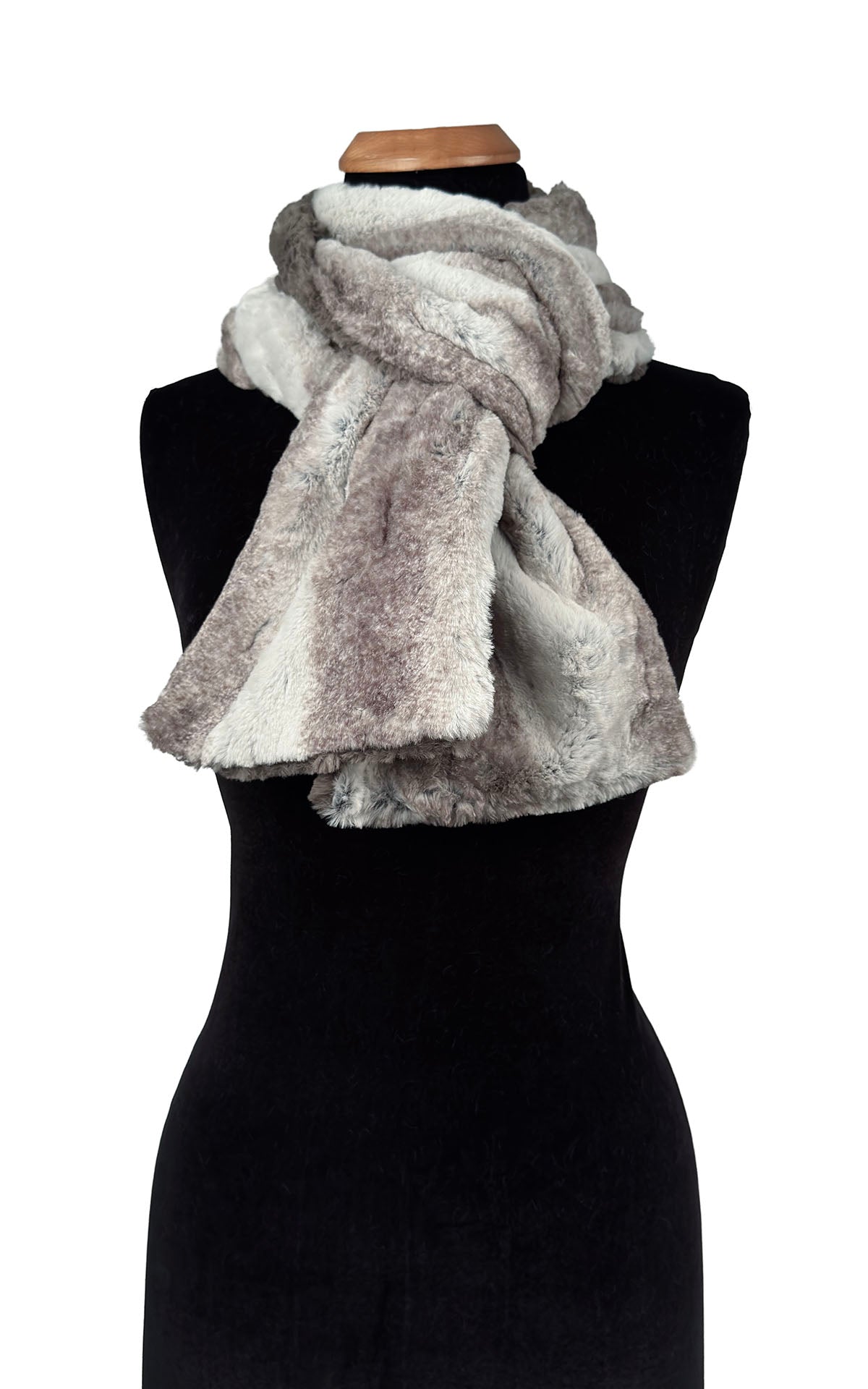 Classic Two-Tone Scarf in Classic Luxury Driftwood Faux Fur with Cuddly Taupey Faux Fur. Shown tied to display Driftwood around neckline. Made in Seattle, WA, USA by Pandemonium Seattle.