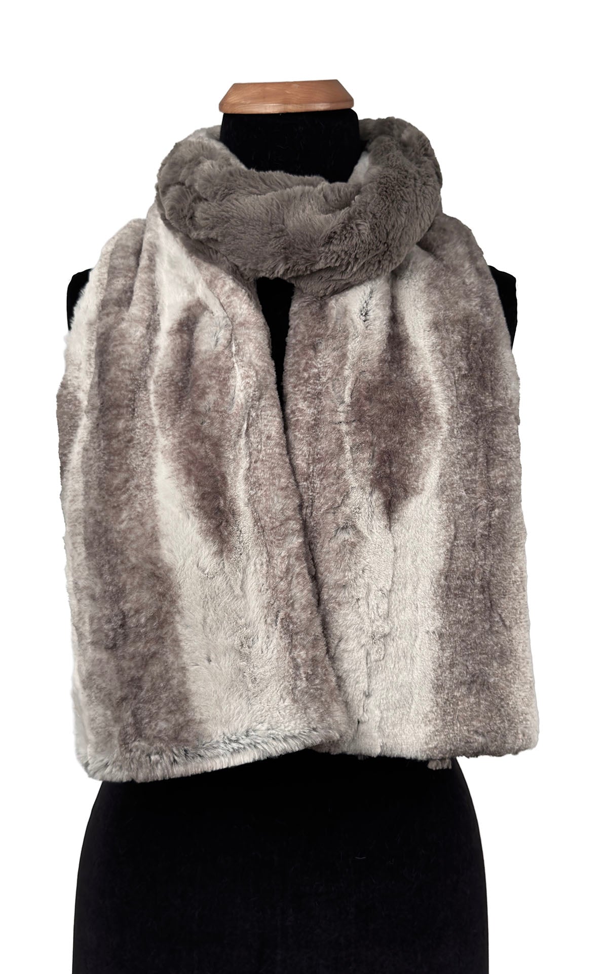 Classic Two-Tone Scarf in Classic Luxury Driftwood Faux Fur with Cuddly Taupey Faux Fur. Shown wrapped around neckline. Made in Seattle, WA, USA by Pandemonium Seattle.