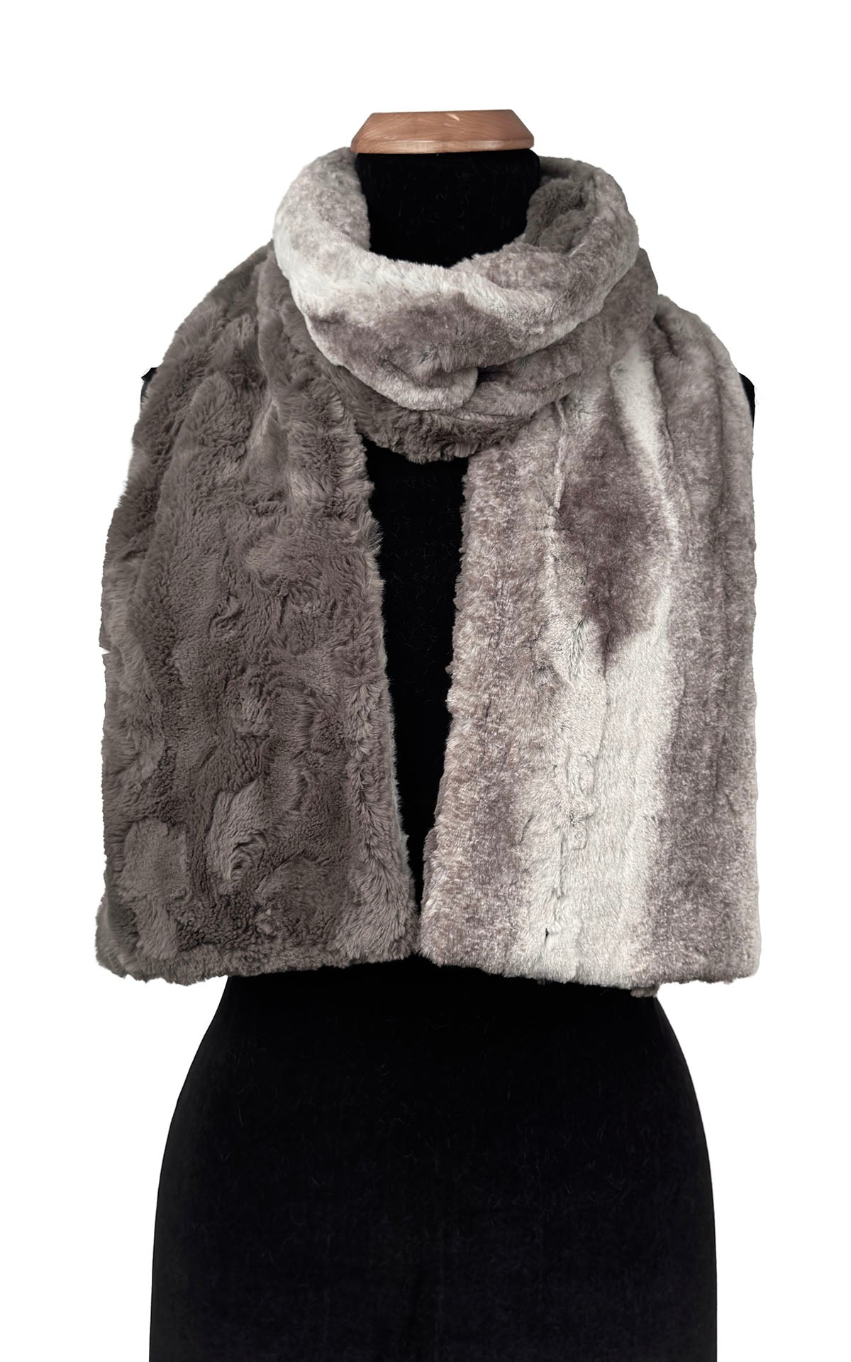 Classic Two-Tone Scarf in Classic Luxury Driftwood Faux Fur with Cuddly Taupey Faux Fur. Shown wrapped around neckline and displaying both colors. Made in Seattle, WA, USA by Pandemonium Seattle.