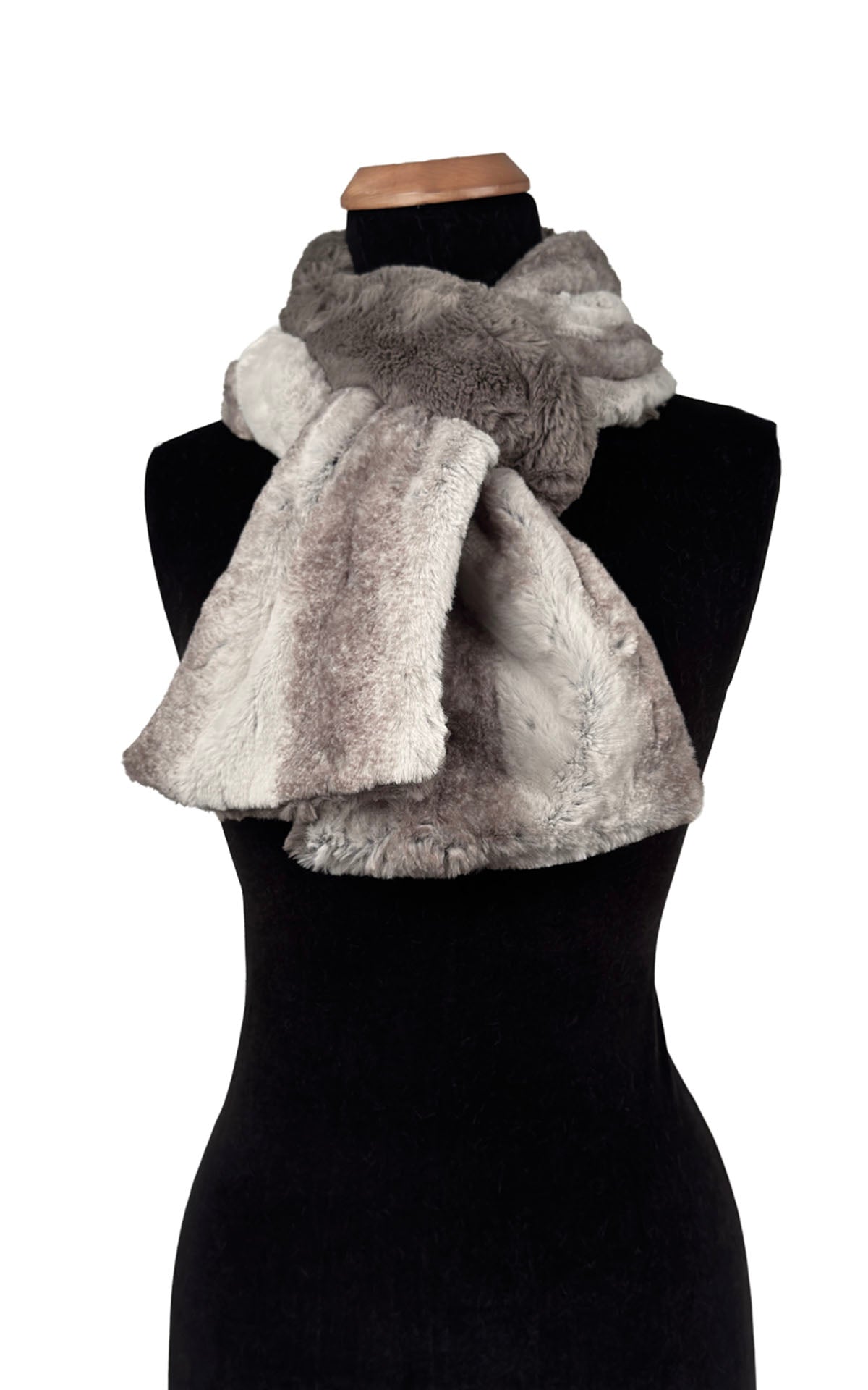 Classic Two-Tone Scarf in Classic Luxury Driftwood Faux Fur with Cuddly Taupey Faux Fur. Shown tied around neckline. Made in Seattle, WA, USA by Pandemonium Seattle.