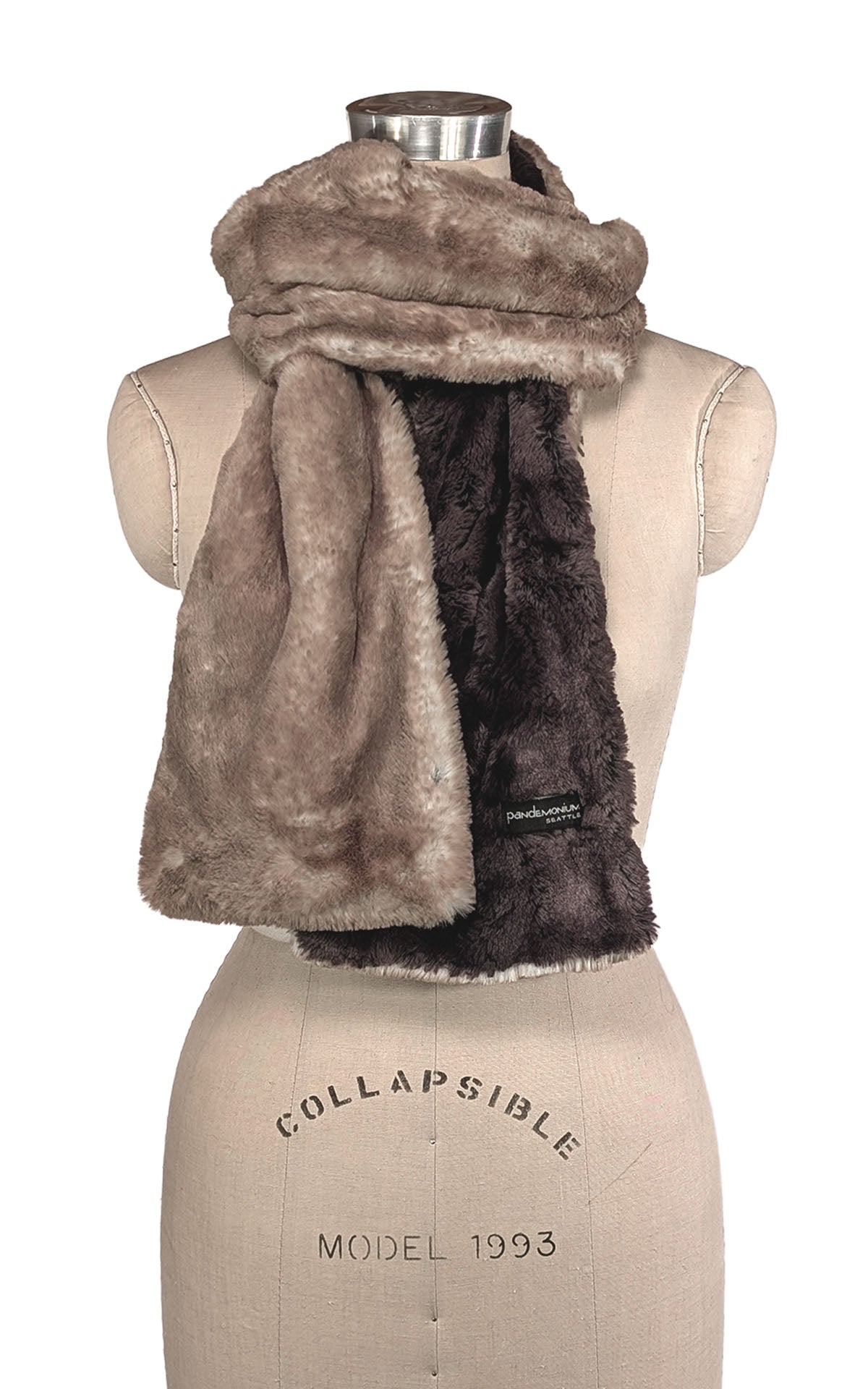 Classic Two-Tone-Scarf in Coastal Plush Golden Blush Plush Faux Fur with Luxury Faux Fur in Espresso Bean. Made in Seattle, WA, USA by Pandemonium Seattle.