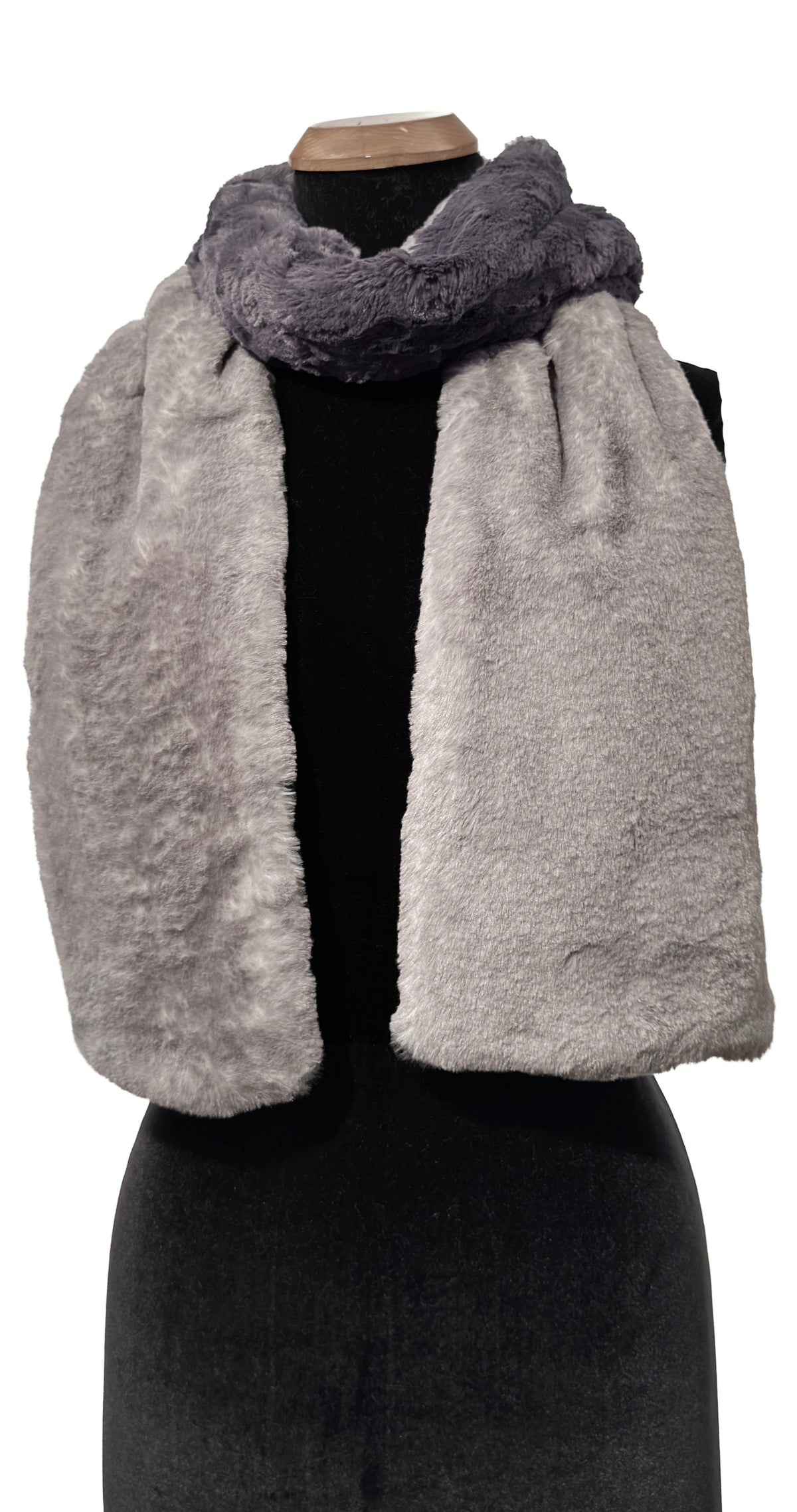 Classic Two-Tone-Scarf in Coastal Plush Olympic Fog plush faux fur with Cuddly Smoky faux fur. Made in Seattle, WA, USA by Pandemonium Seattle.
