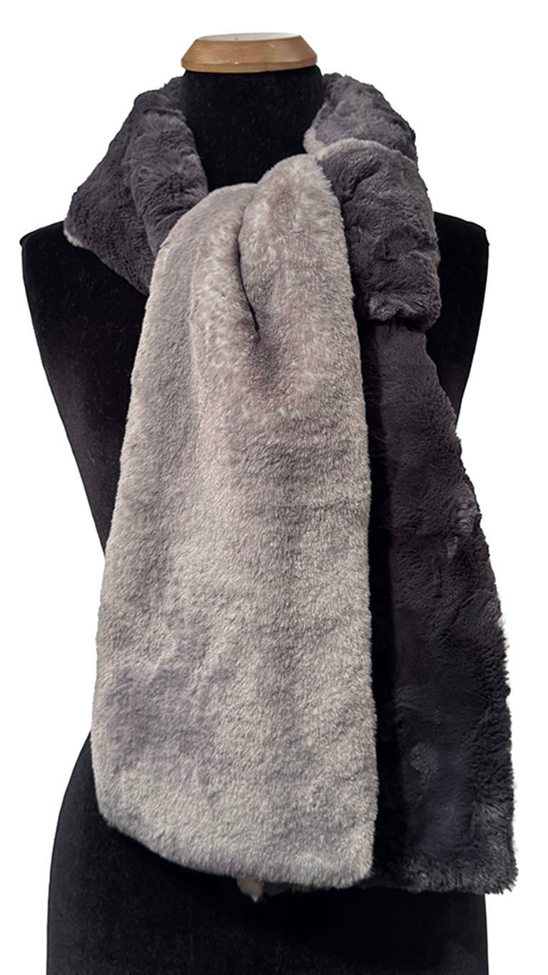 Classic Two-Tone-Scarf in Coastal Plush Olympic Fog plush faux fur with Cuddly Smoky faux fur. Shown loosely tied around neckline to display Smoky Faux Fur and Olympic Fog together. Made in Seattle, WA, USA by Pandemonium Seattle.