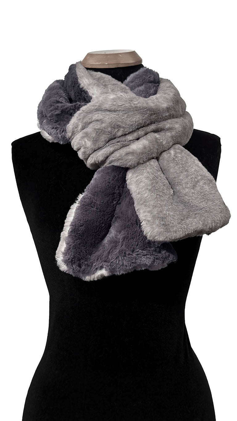 Classic Two-Tone-Scarf in Coastal Plush Olympic Fog plush faux fur with Cuddly Smoky faux fur. Shown tied around neckline to display Smoky Faux Fur and Olympic Fog together. Made in Seattle, WA, USA by Pandemonium Seattle.
