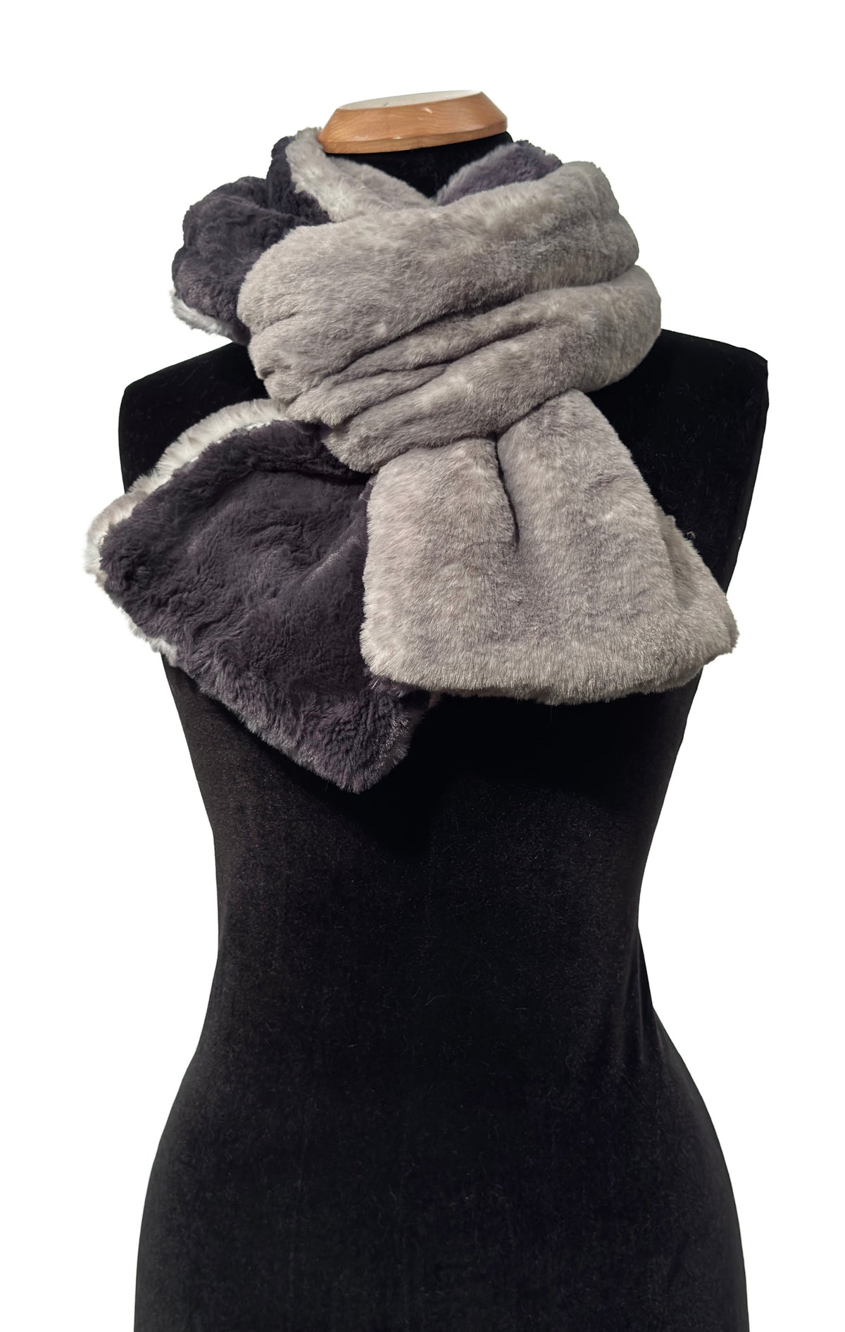 Classic Two-Tone-Scarf in Coastal Plush Olympic Fog plush faux fur with Cuddly Smoky faux fur. Made in Seattle, WA, USA by Pandemonium Seattle.