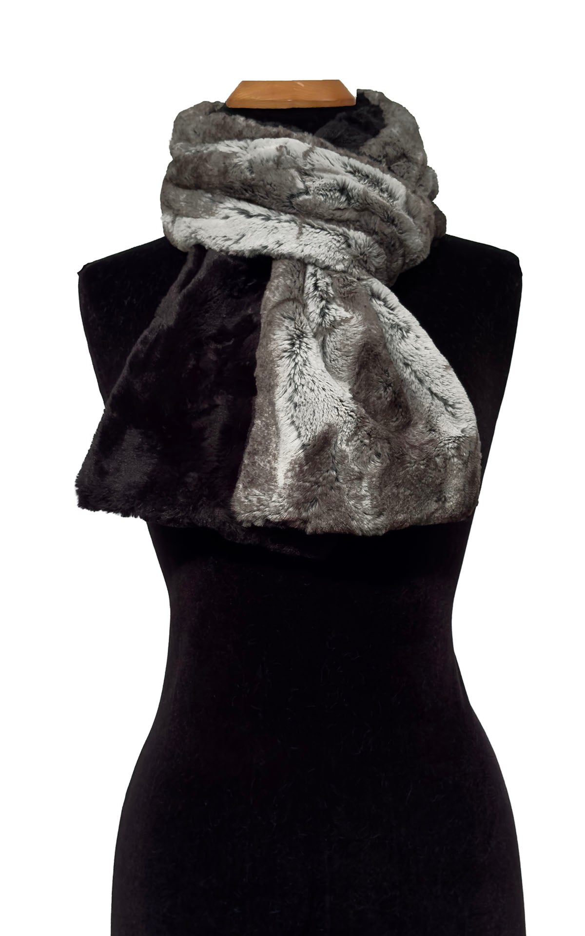 Classic Two-Tone Scarf in Luxury Rock Steady Faux Fur and Cuddly Black Faux Fur. Shown tied loosely around neckline. Made in Seattle, WA, USA by Pandemonium Seattle.