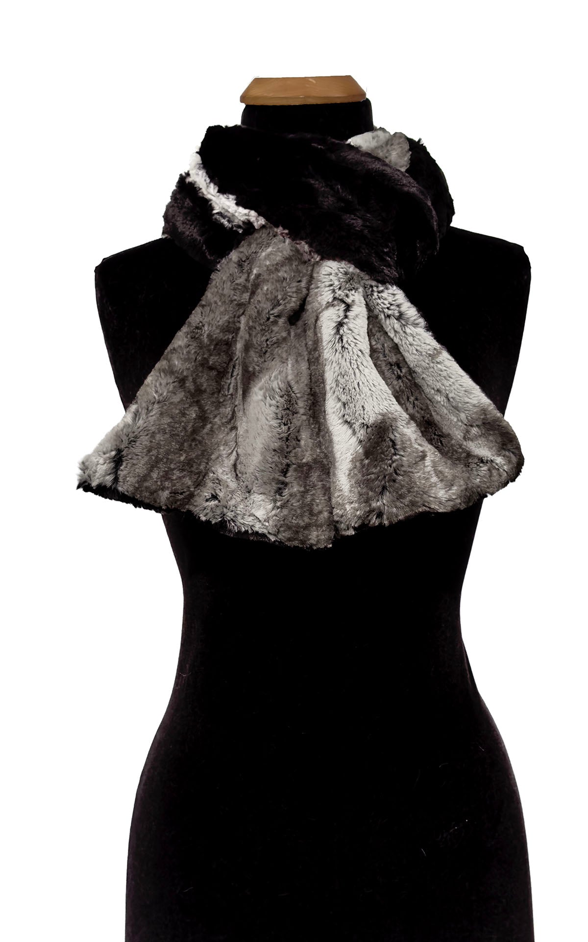 Classic Two-Tone Scarf in Luxury Rock Steady Faux Fur and Cuddly Black Faux Fur. Shown tied to display both colors. Made in Seattle, WA, USA by Pandemonium Seattle.
