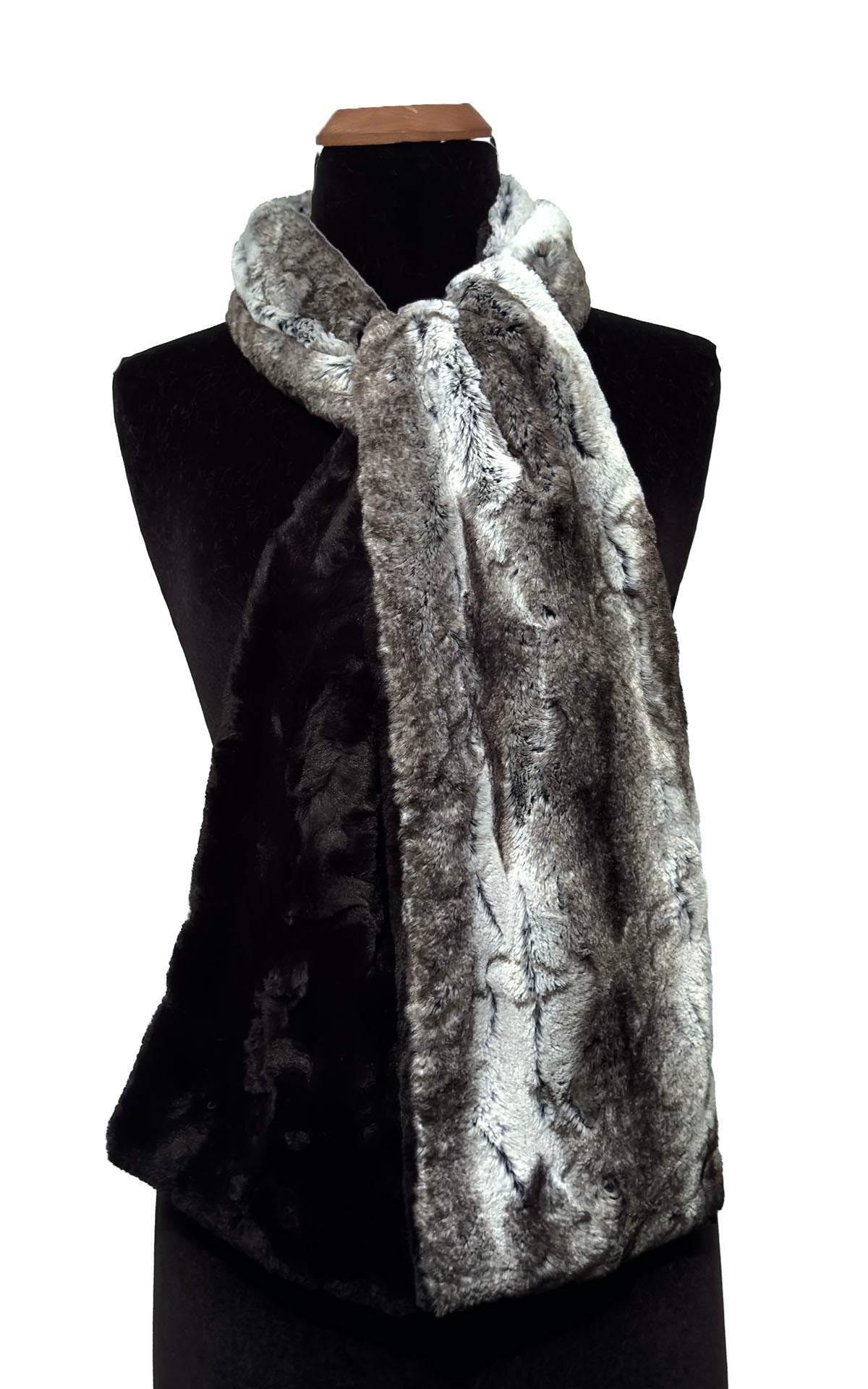 Classic Two-Tone Scarf in Luxury Rock Steady Faux Fur and Cuddly Black Faux Fur. Shown tied loosely around neckline. Made in Seattle, WA, USA by Pandemonium Seattle.