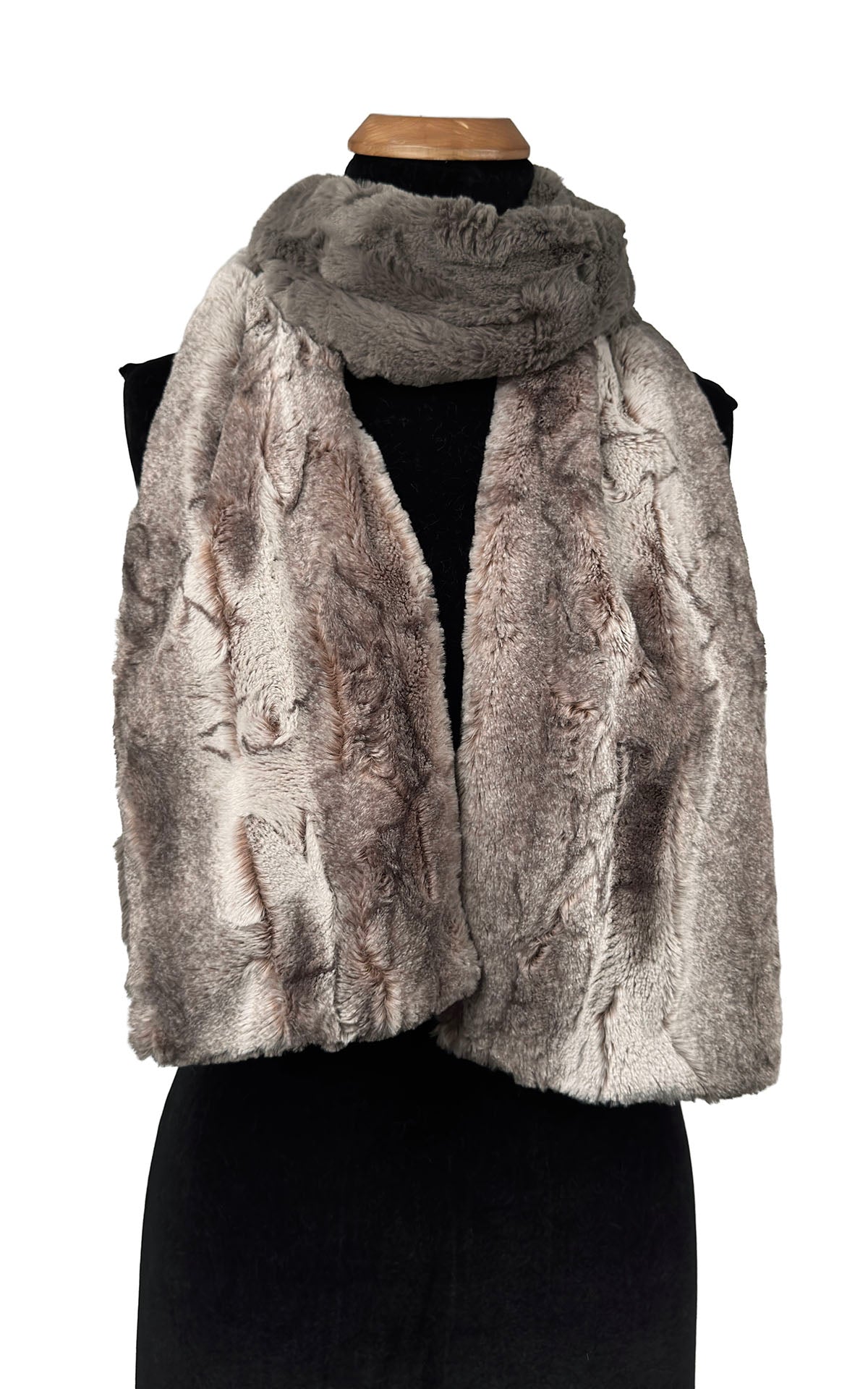 Classic Two-Tone Luxury Scarf in Rusty Rock Faux Fur and Cuddly Taupey Faux Fur. Shown wrapped around the neckline. Made in Seattle, WA, USA by Pandemonium Seattle.