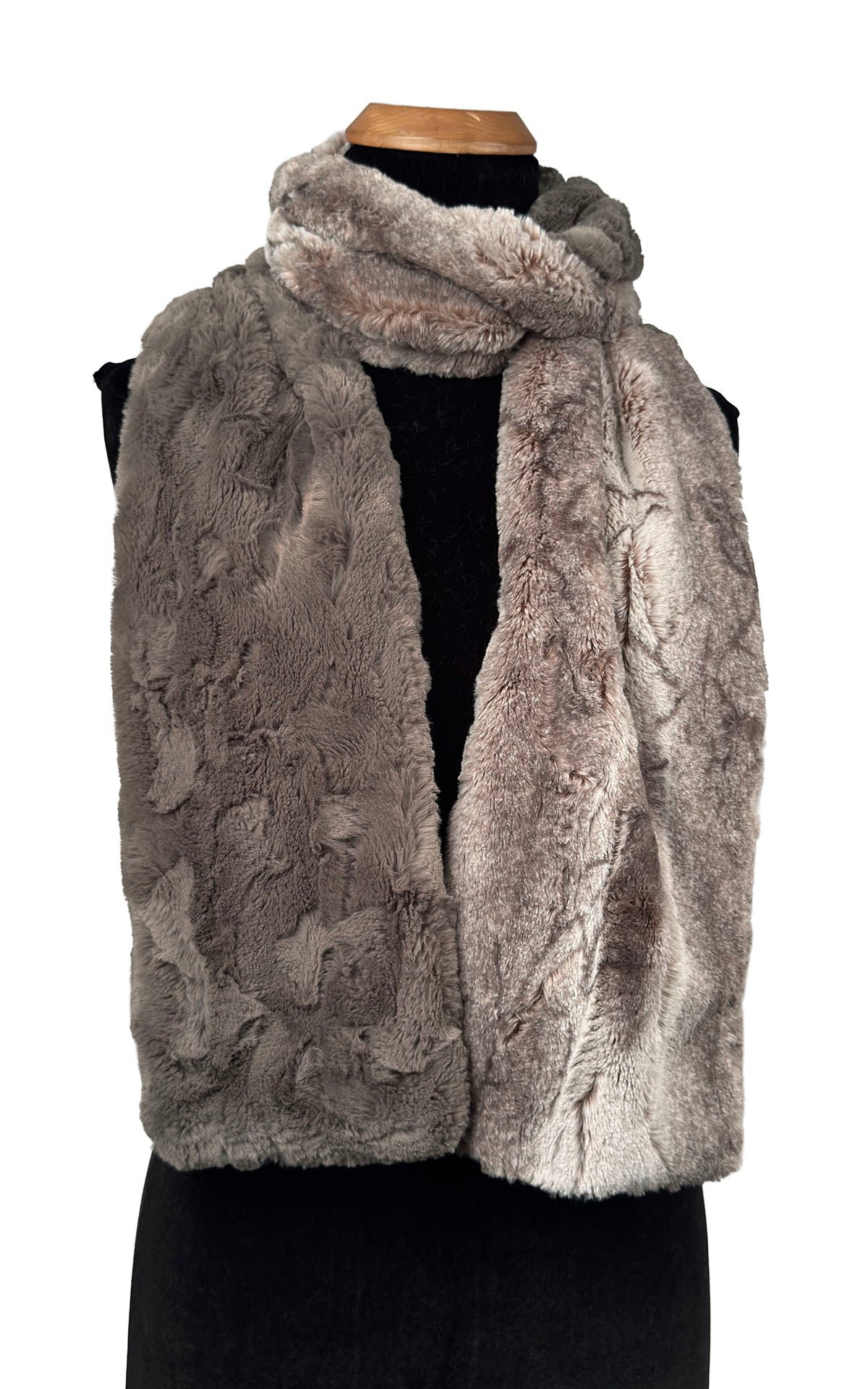 Classic Two-Tone Luxury Scarf in Rusty Rock Faux Fur and Cuddly Taupey Faux Fur. Shown wrapped around the neckline to display both colors. Made in Seattle, WA, USA by Pandemonium Seattle.