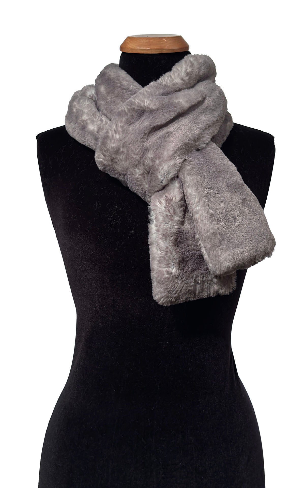 Classic Skinny Scarf in Coastal Plush Olympia Fog. Shown tied around mannequin. Handmade in Seattle, WA, USA by Pandemonium Seattle.