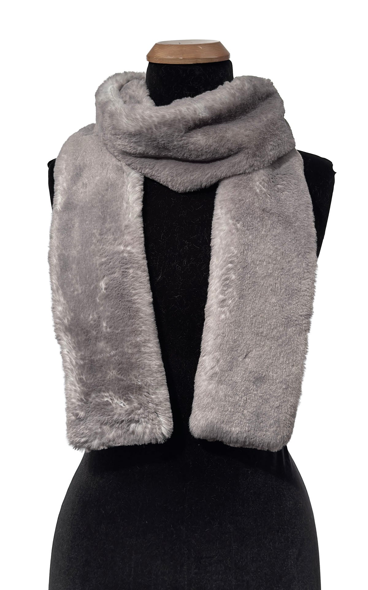 Classic Skinny Scarf in Coastal Plush Olympia Fog. Shown casually draped around mannequin. Handmade in Seattle, WA, USA by Pandemonium Seattle.