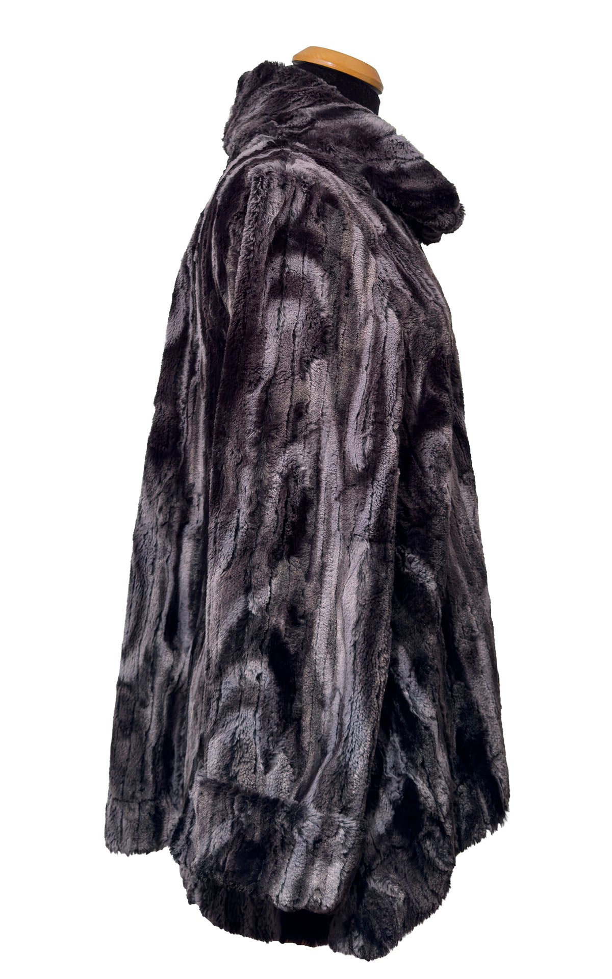 Cowl Top Pullover in Classic Luxury Marble Black Dune Faux Fur. Shown in side profile. Made in Seattle, WA, USA by Pandemonium Seattle.