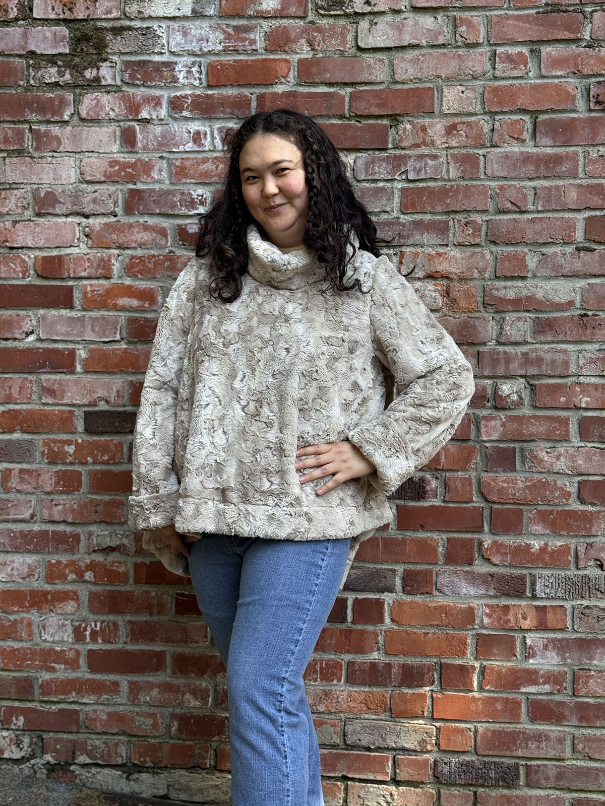 Woman wearing the Cowl Top Pullover in Cafe Au Lait with. Hand sewn in Seattle, Washington by Pandemonium Seattle.
