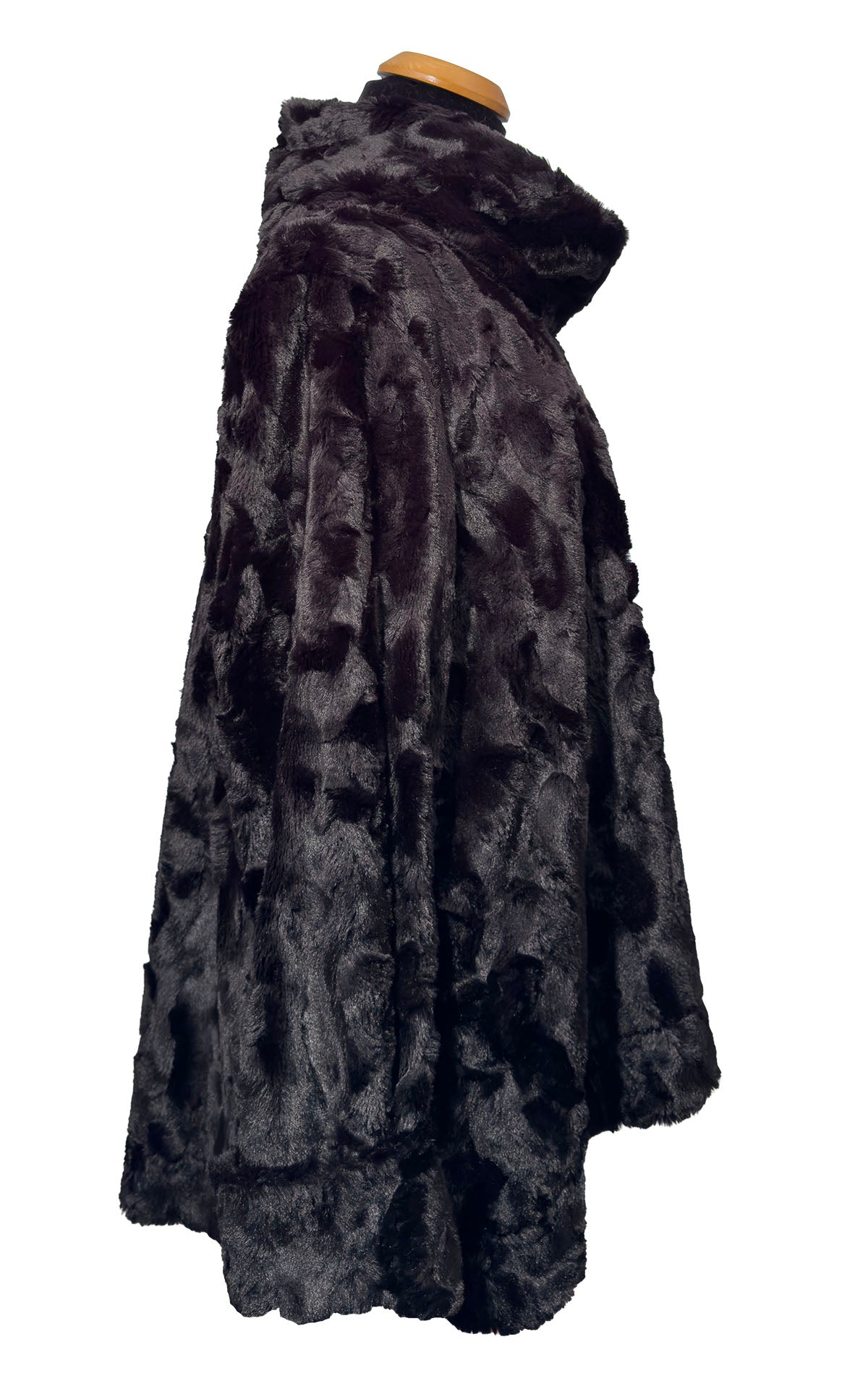 Cowl Top Pullover in Cuddly Black Faux Fur. Shown in side profile. Made in Seattle, WA, USA by Pandemonium Seattle.