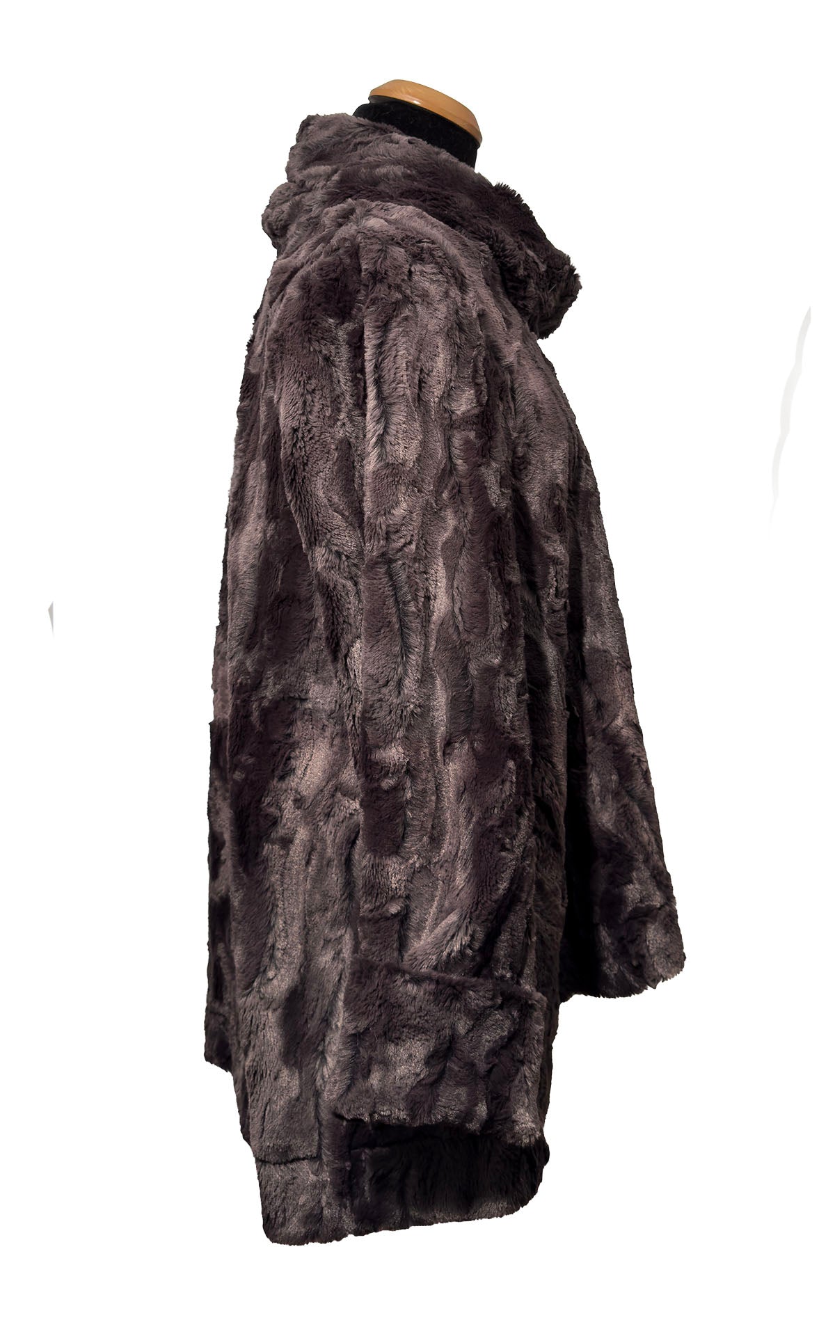 Cowl Top Pullover in Classic Luxury Espresso Bean Faux Fur. Shown in side profile.  Made in Seattle, WA, USA by Pandemonium Seattle.