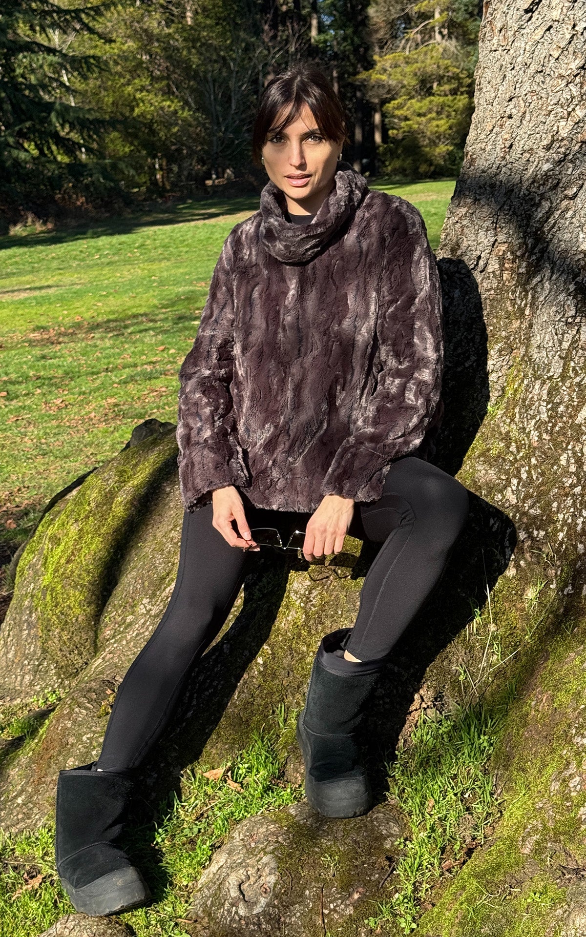 Woman wearing the Cowl Top Pullover in Espresso Bean Faux Fur. Made in Seattle, WA, USA by Pandemonium Seattle.