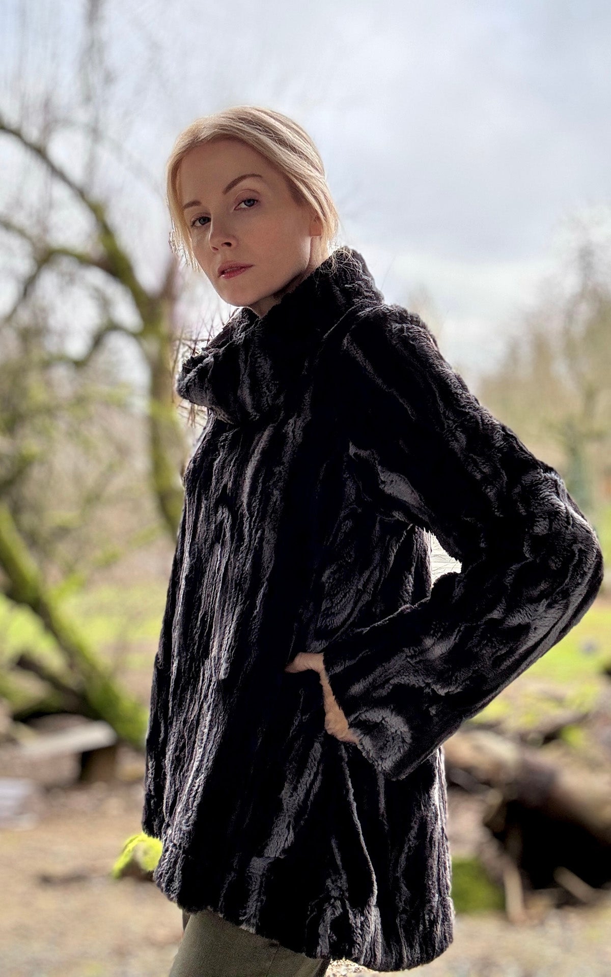 Woman wearing the Cowl Top Pullover in Marble Black Dune. Made in Seattle, WA, USA by Pandemonium Seattle.