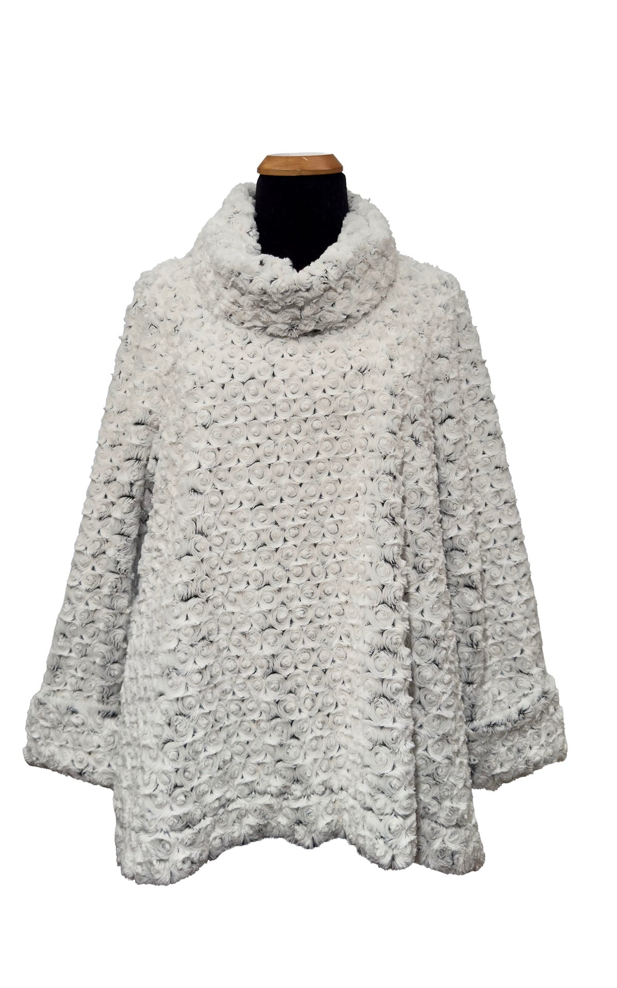 Cowl Top Pullover in Classic Luxury Rosebud Black Faux Fur. Shown with cuffs rolled up.  Made in Seattle, WA, USA by Pandemonium Seattle.