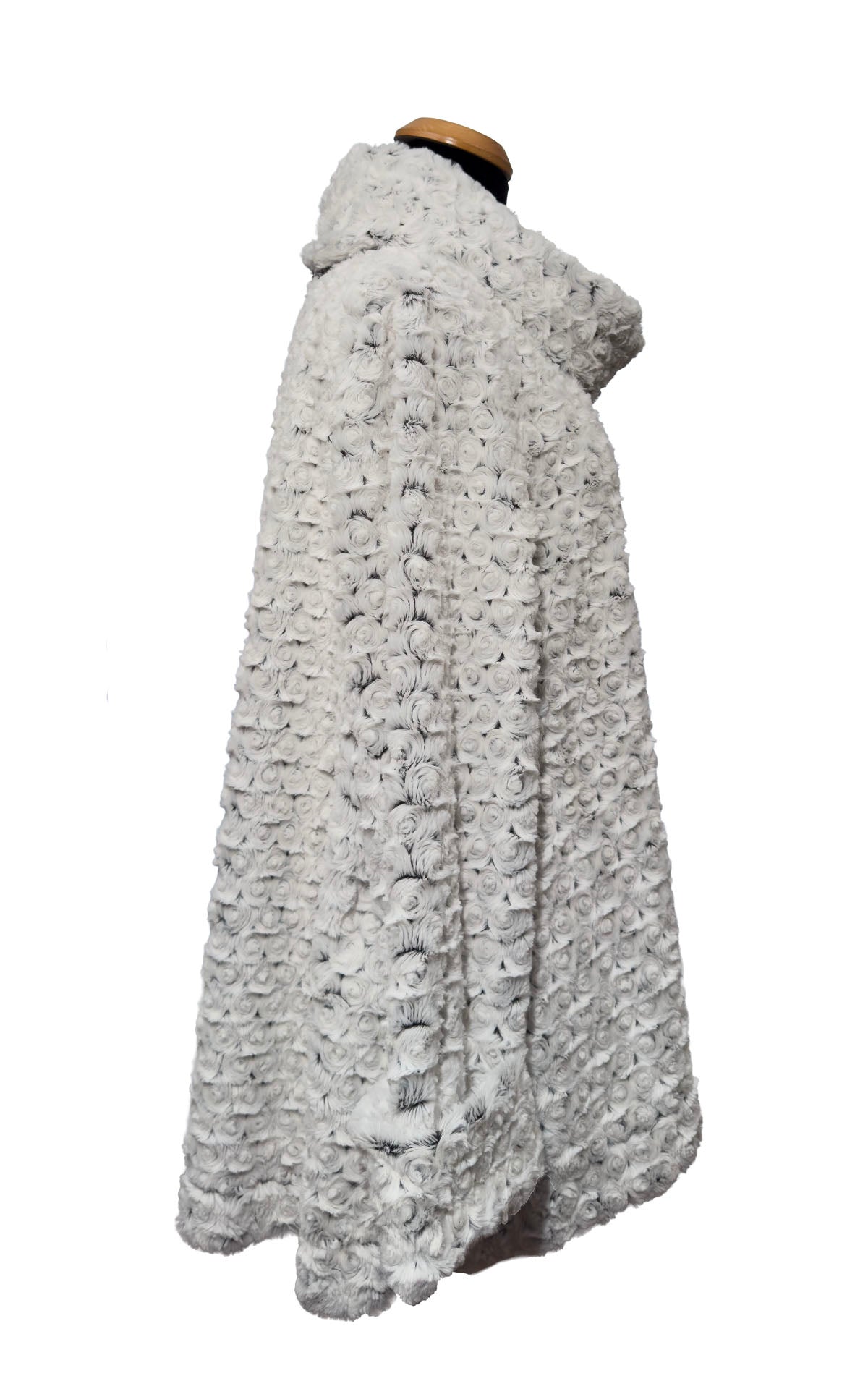 Cowl Top Pullover in Classic Luxury Rosebud Black Faux Fur. Shown in side profile.  Made in Seattle, WA, USA by Pandemonium Seattle.