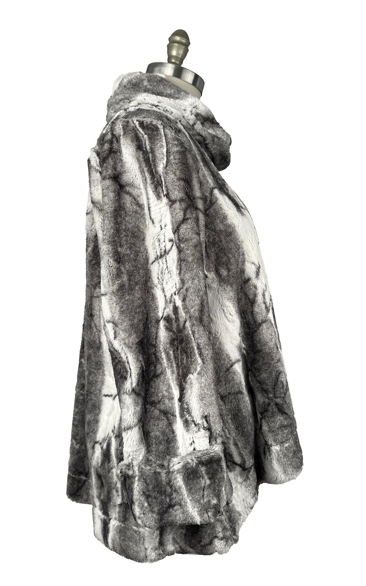 Cowl Top Pullover in Luxury Smoke Show Faux Fur. Shown in side profile with cuffs turned up. Made in Seattle, WA, USA by Pandemonium Seattle.