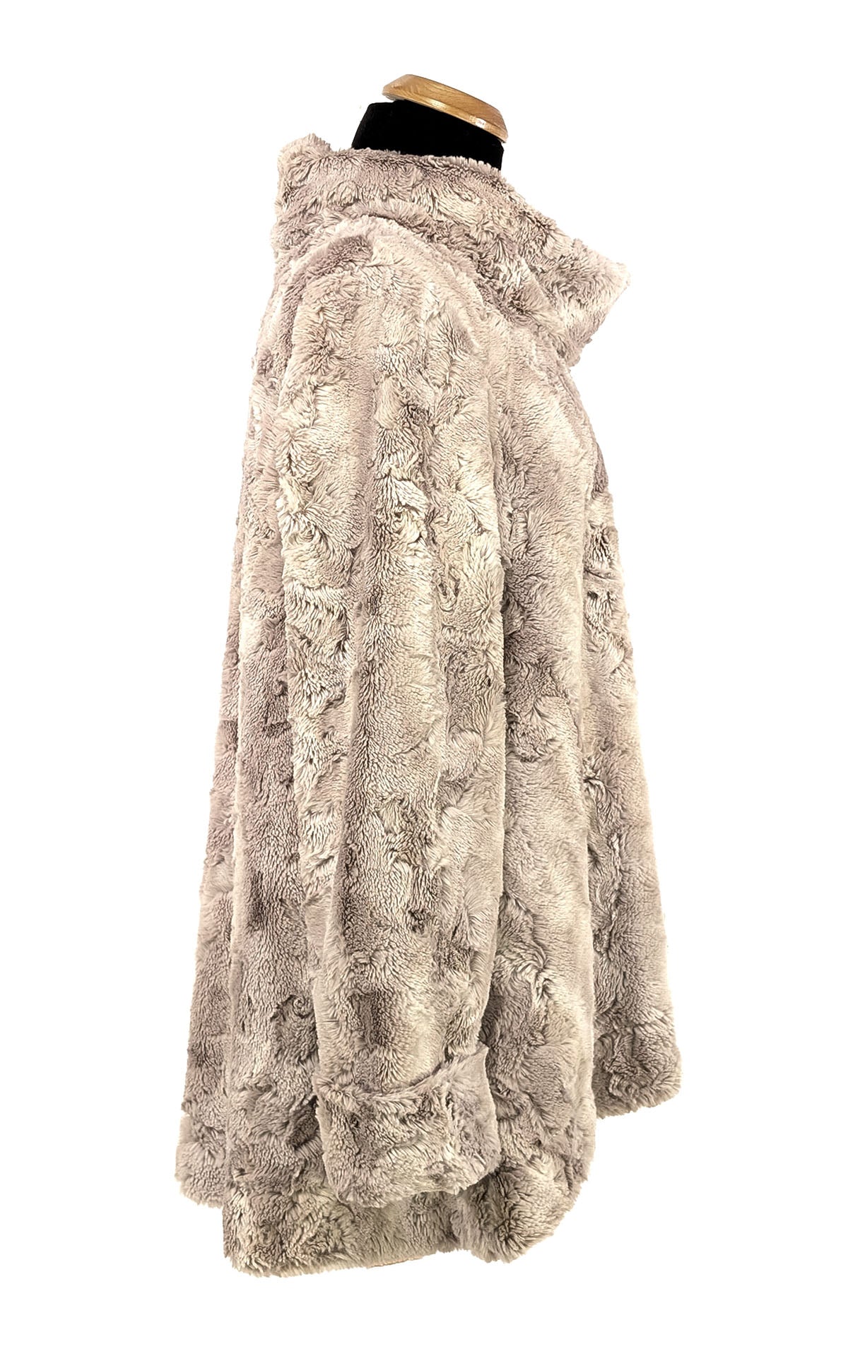 side view of Café Au Lait Faux Fur Cowl Tunic on a mannequin Handmade in Seattle WA by Pandemonium  Seattle, USA