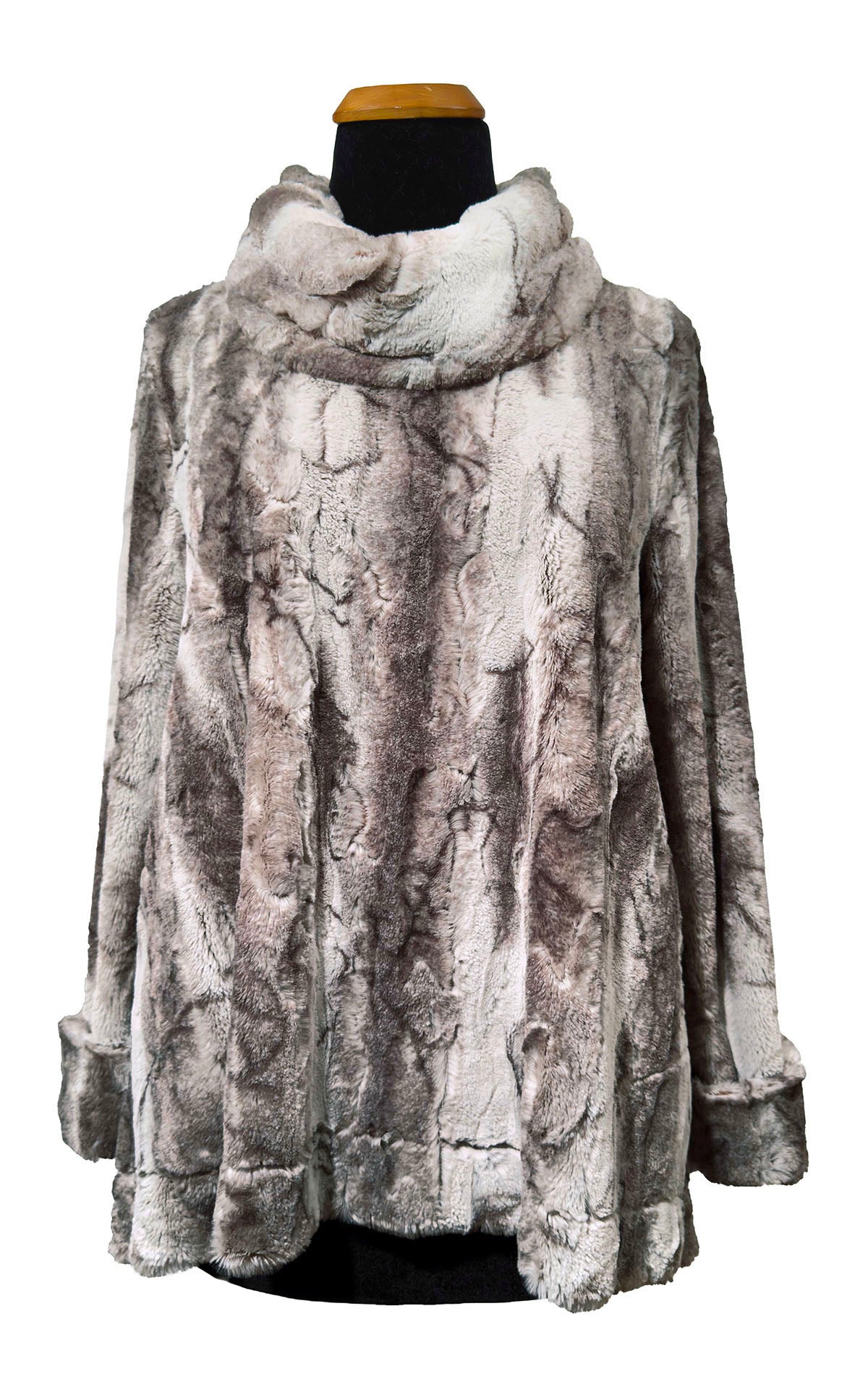 Cowl Top Pullover in Classic Luxury Rusty Rock Faux Fur. Tunic style pullover with cuffs rolled up. Made in Seattle, WA, USA by Pandemonium Seattle.