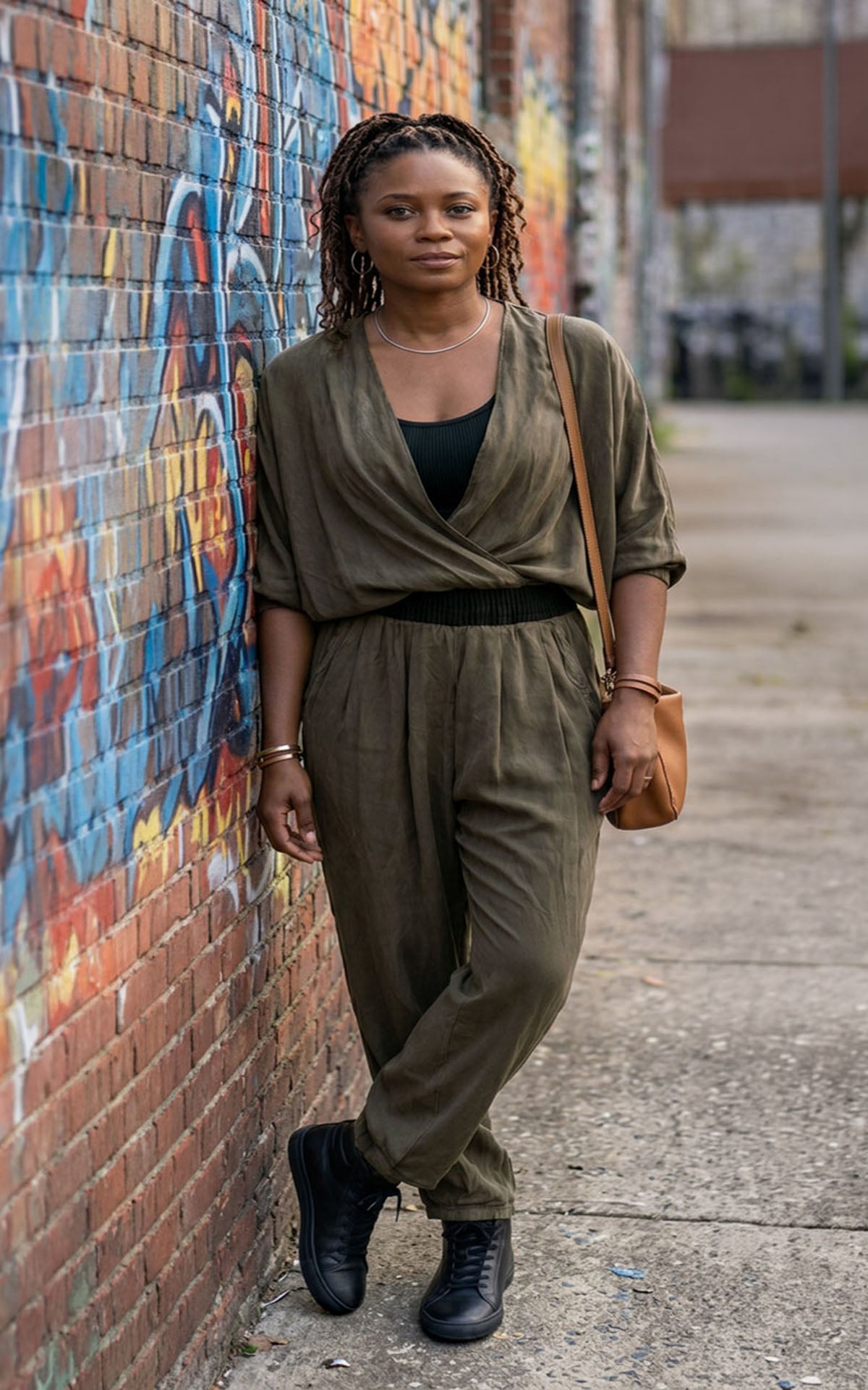 A woman leans against a colorful mural, wearing the Cross Over Top and Pleated Ankle Jogger Pants in Dusk Olive. Made in Seattle, WA, USA by Pandemonium Seattle.