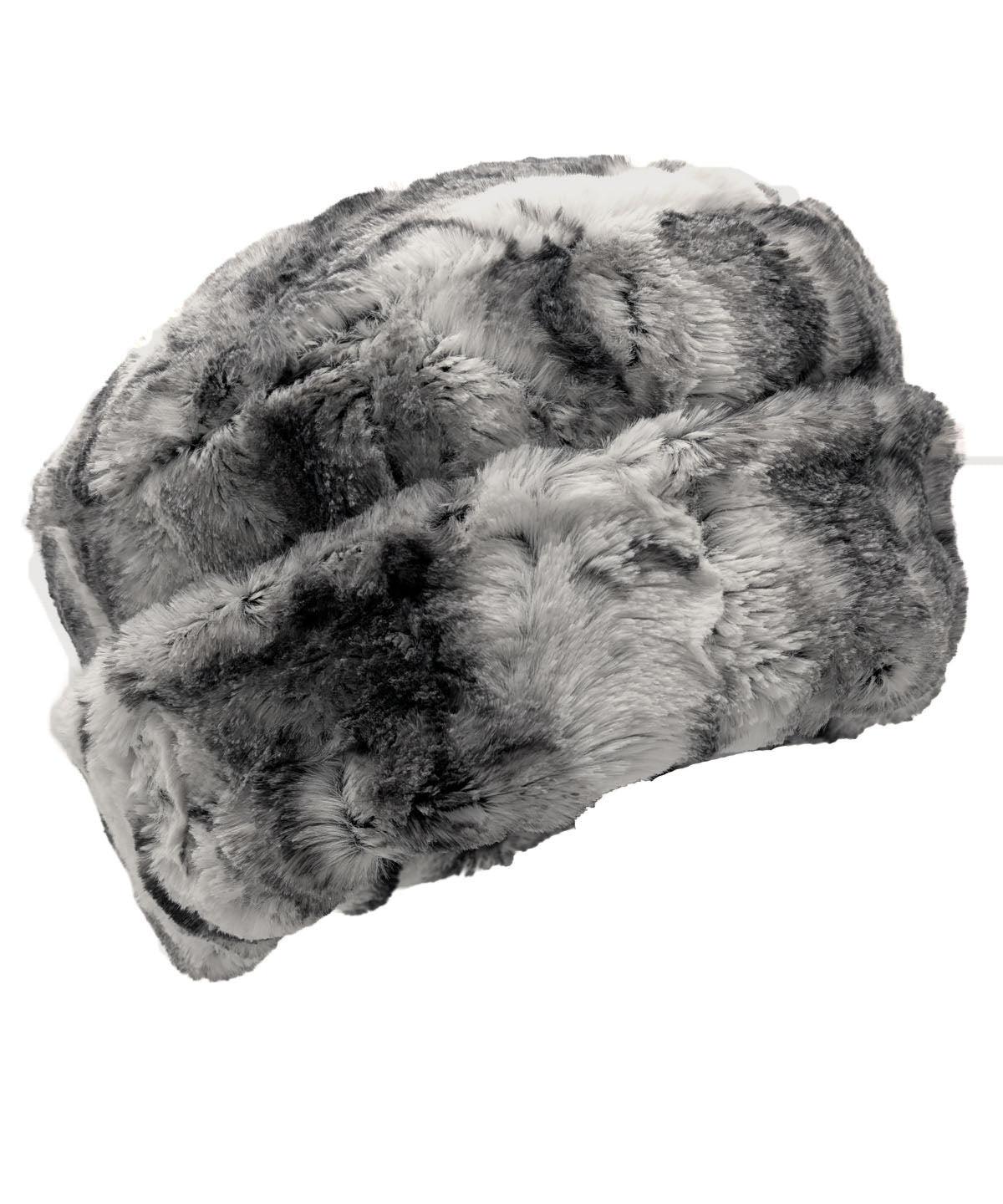 Solid Cuffed Pillbox in Luxury Smoke Show Faux Fur with the cuff turned up. Made in Seattle, WA, USA by Pandemonium Seattle.