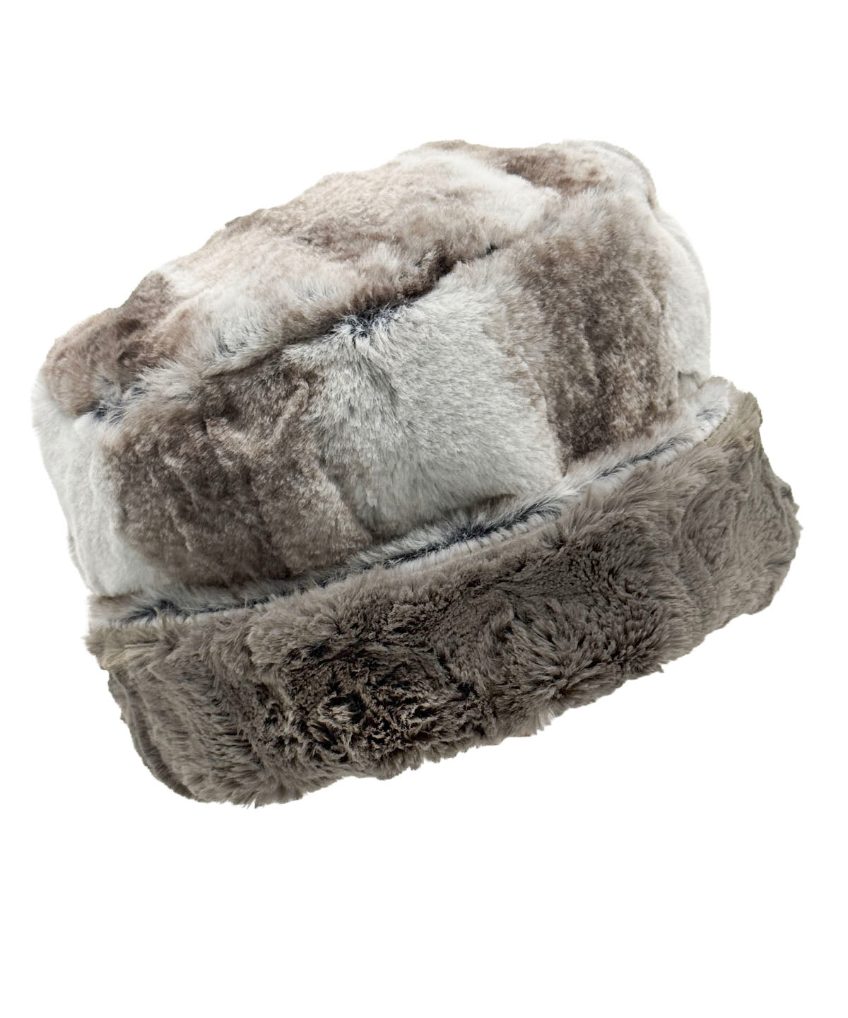 Two-Tone Cuffed Pillbox in Luxury Driftwood Faux Fur and Cuddly Taupey on reverse side.  Shown with the cuff turned up to display Cuddly Taupey side. Made in Seattle, WA, USA by Pandemonium Seattle.