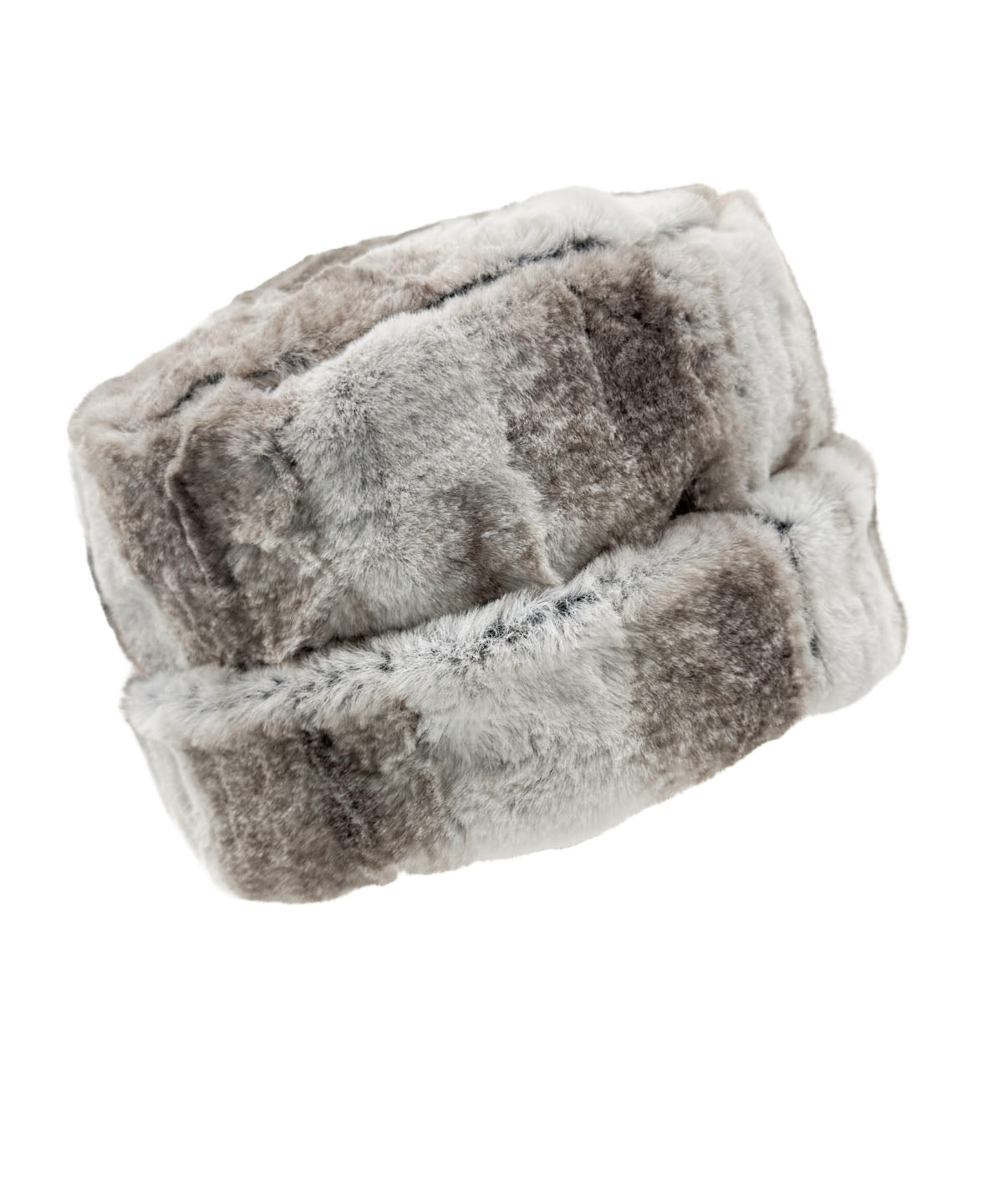 Solid Cuffed Pillbox in Luxury Driftwood Faux Fur, shown with the cuff turned up. Made in Seattle, WA, USA by Pandemonium Seattle.