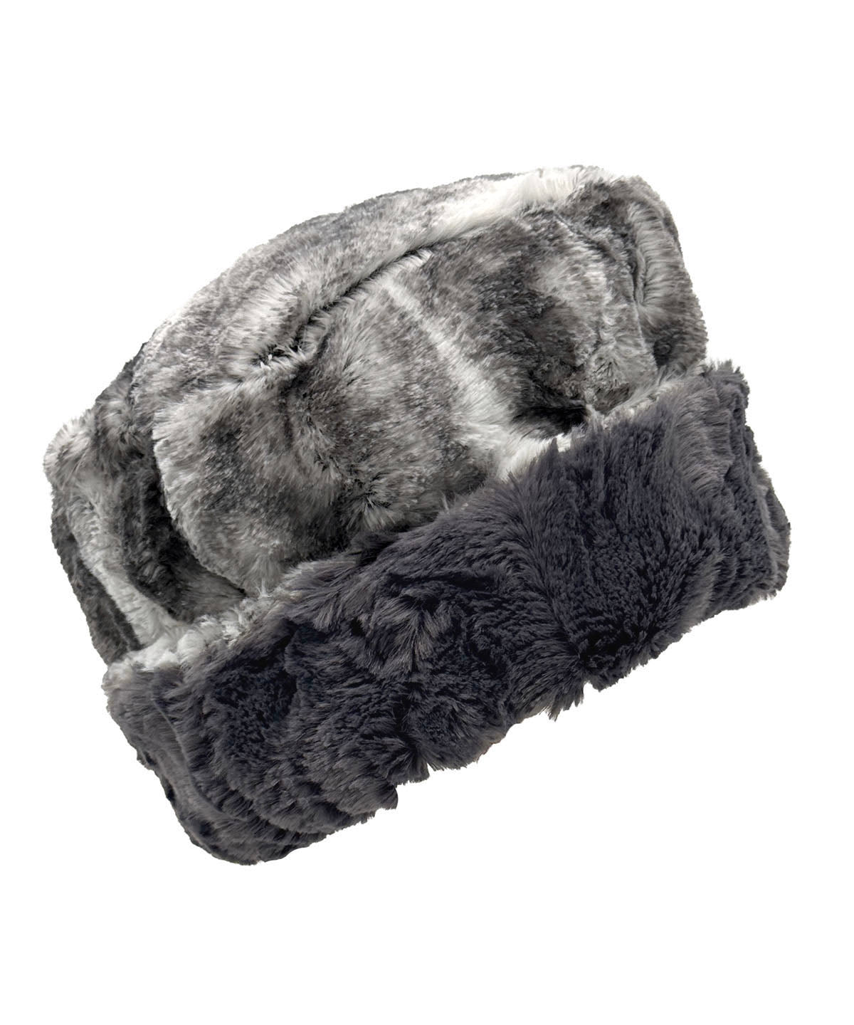 Solid Cuffed Pillbox in Luxury Smoke Show Faux Fur with the cuff turned up. Made in Seattle, WA, USA by Pandemonium Seattle.