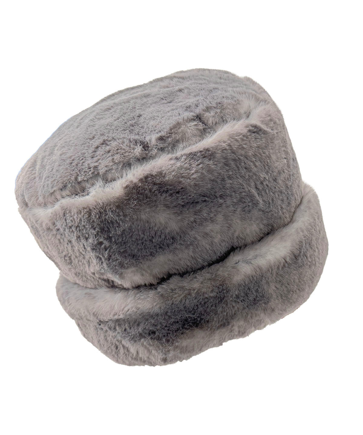 Solid Cuffed Pillbox in Luxury Coastal Plush Faux Fur in Olympic Fog with the cuff turned up. Displaying more of the crown of hat. Made in Seattle, WA, USA by Pandemonium Seattle.