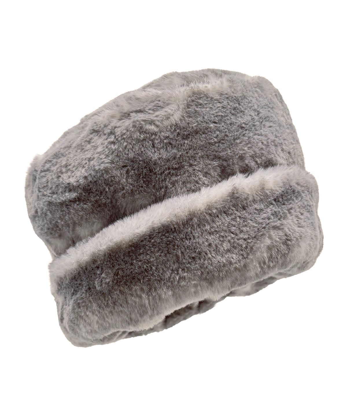 Solid Cuffed Pillbox in Luxury Coastal Plush Faux Fur in Olympic Fog with the cuff turned up. Made in Seattle, WA, USA by Pandemonium Seattle.