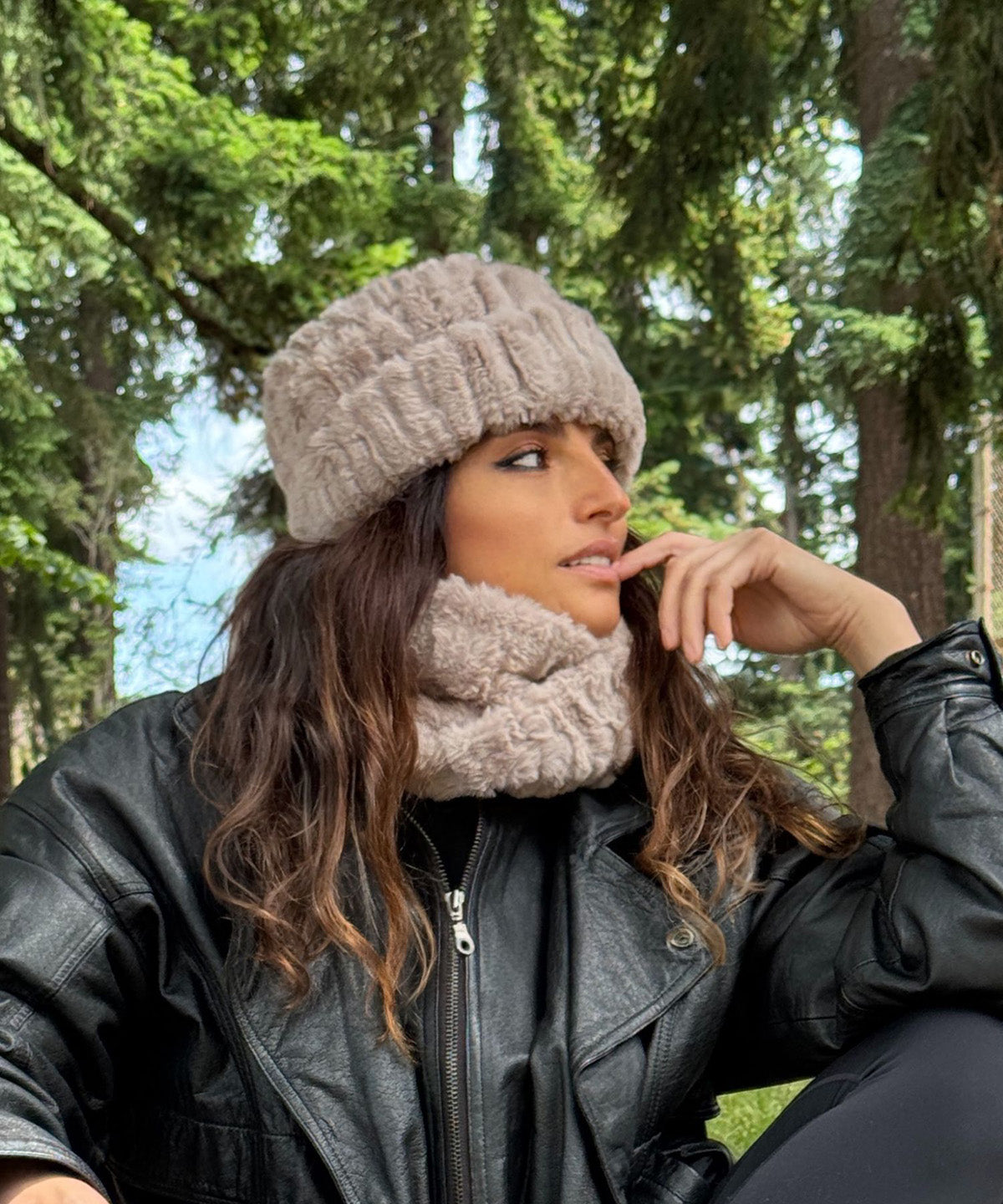 Woman wearing the Cuffed Pillbox in Cirrus Honey with a Cirrus Honey Neckwarmer. Hand sewn in Seattle, WA by Pandemonium Seattle.
