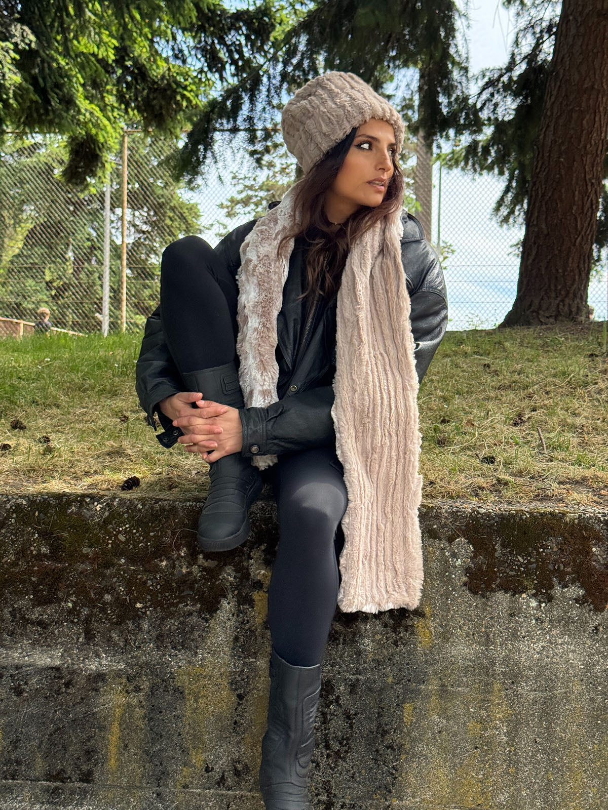 Woman wearing a Two Tone Classic Scarf in Cloudwalk in Honey and Cirrus in Honey. Hand sewn in Seattle, WA by Pandemonium Seattle.
