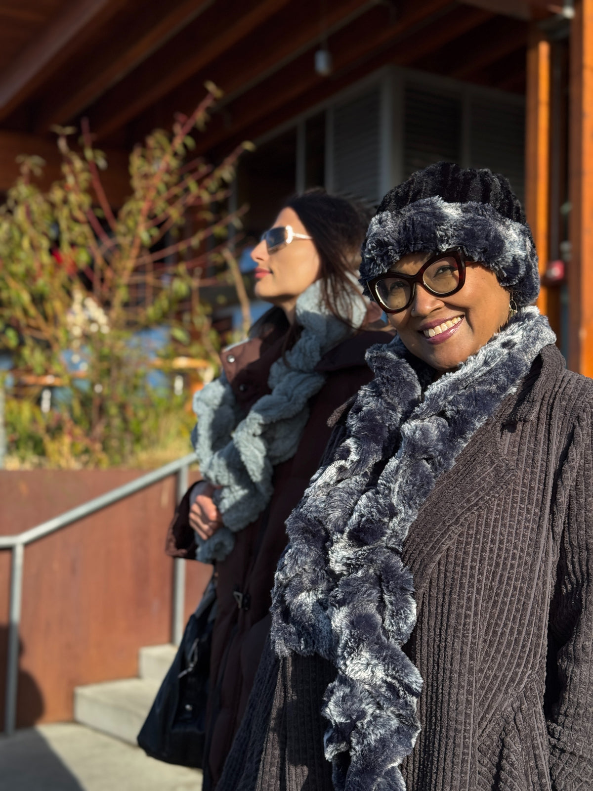 Woman wearing the Scrunchy Scarf in Cloudwalk Shadow with a Cuffed Pillbox in Cloudwalk and CIrrus Shadow. Handmade in Seattle, WA, USA by Pandemonium Millinery.