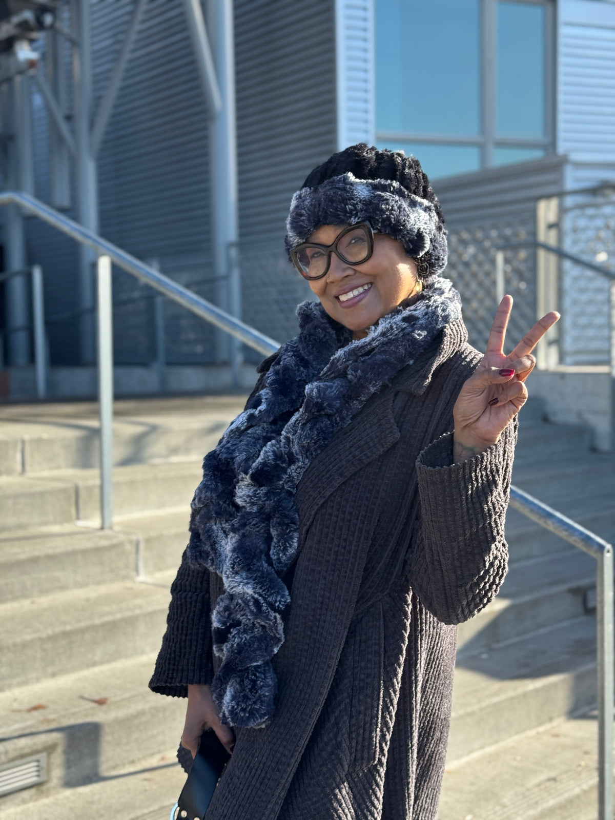 Woman wearing the Scrunchy Scarf in Cloudwalk Shadow with a Cuffed Pillbox in Cloudwalk and CIrrus Shadow, cuffed to show Cloudwalk. Handmade in Seattle, WA, USA by Pandemonium Millinery.