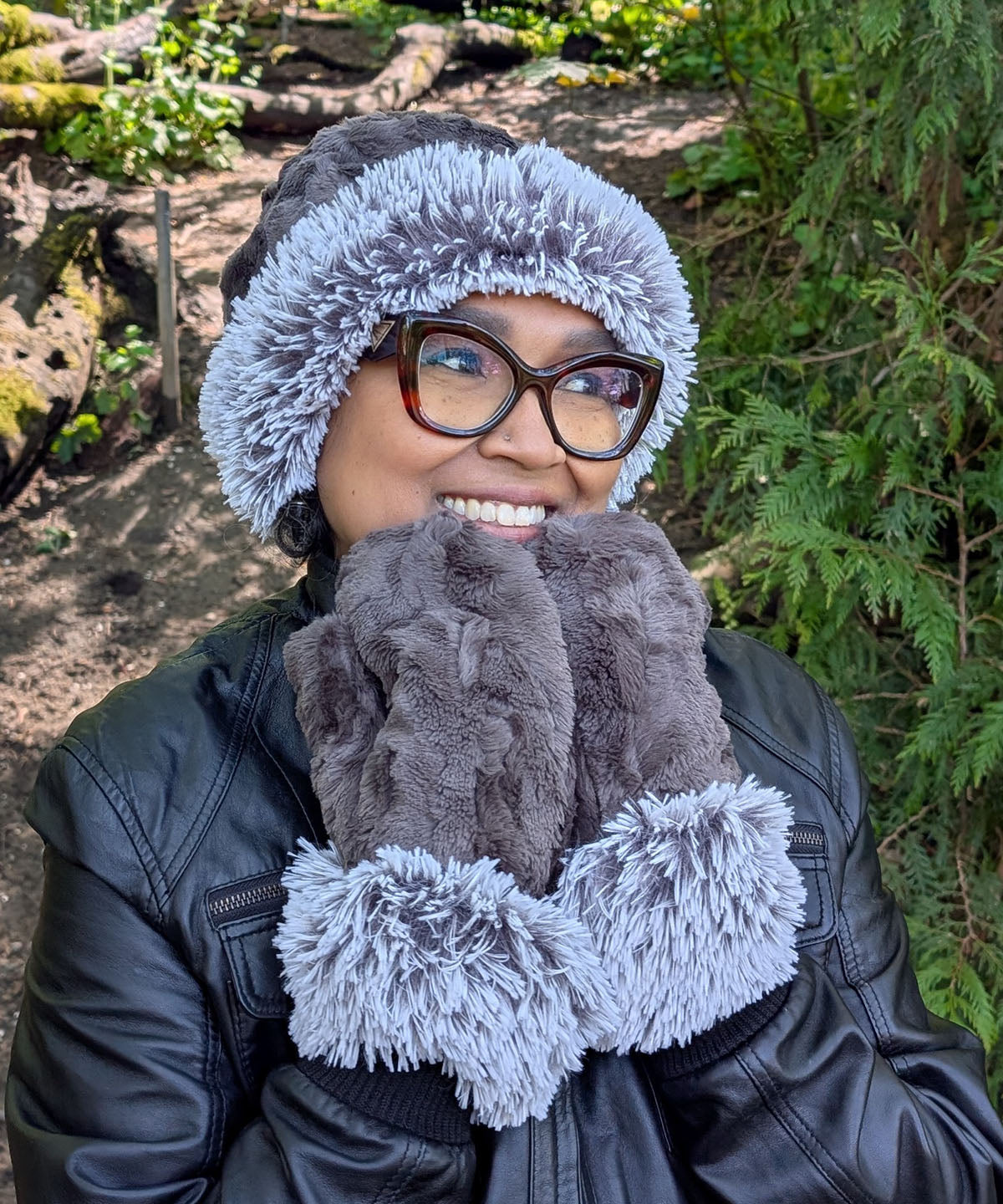 Women’s Product shot of Mittens. Gauntlets,  Mitts | Cuddly Gray with Pearl Fox Cuff in Faux Fur | Handmade by Pandemonium Millinery Seattle, WA USA