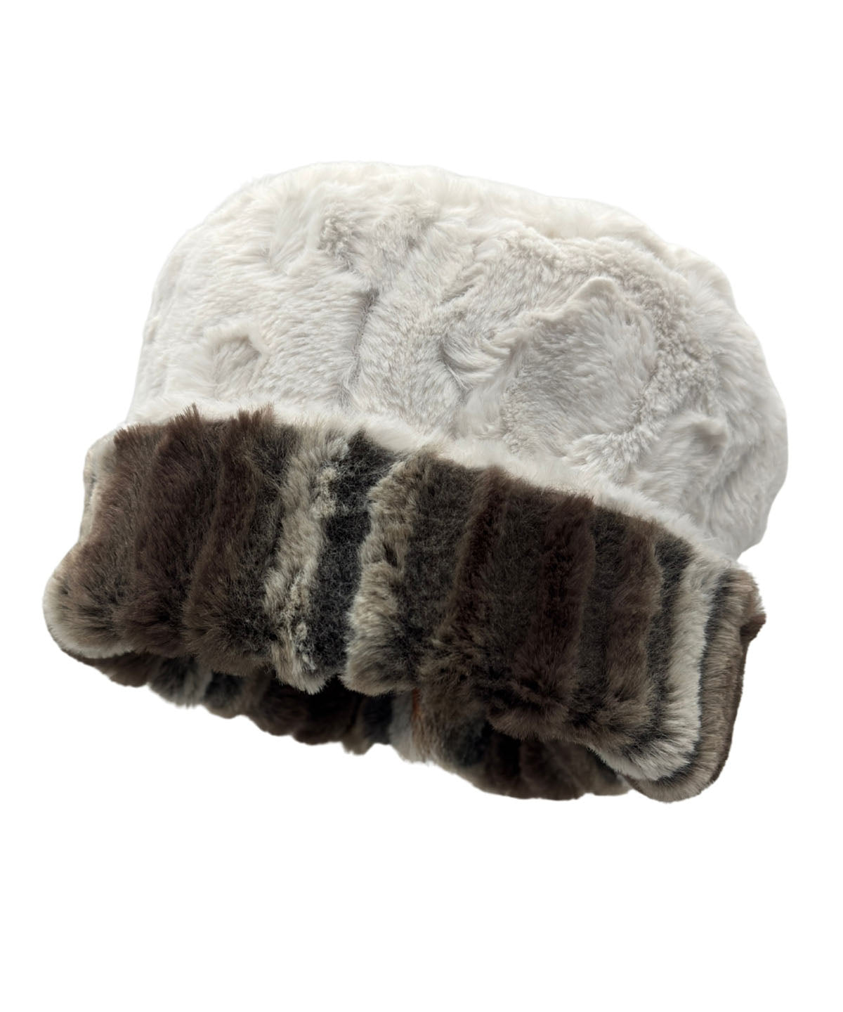 A Faux Fur Cuffed Pillbox Hat in Willows Grove and Cuddly Ivory. Hat is reversible, and shown reversed. Made in Seattle, WA, USA by Pandemonium Seattle.