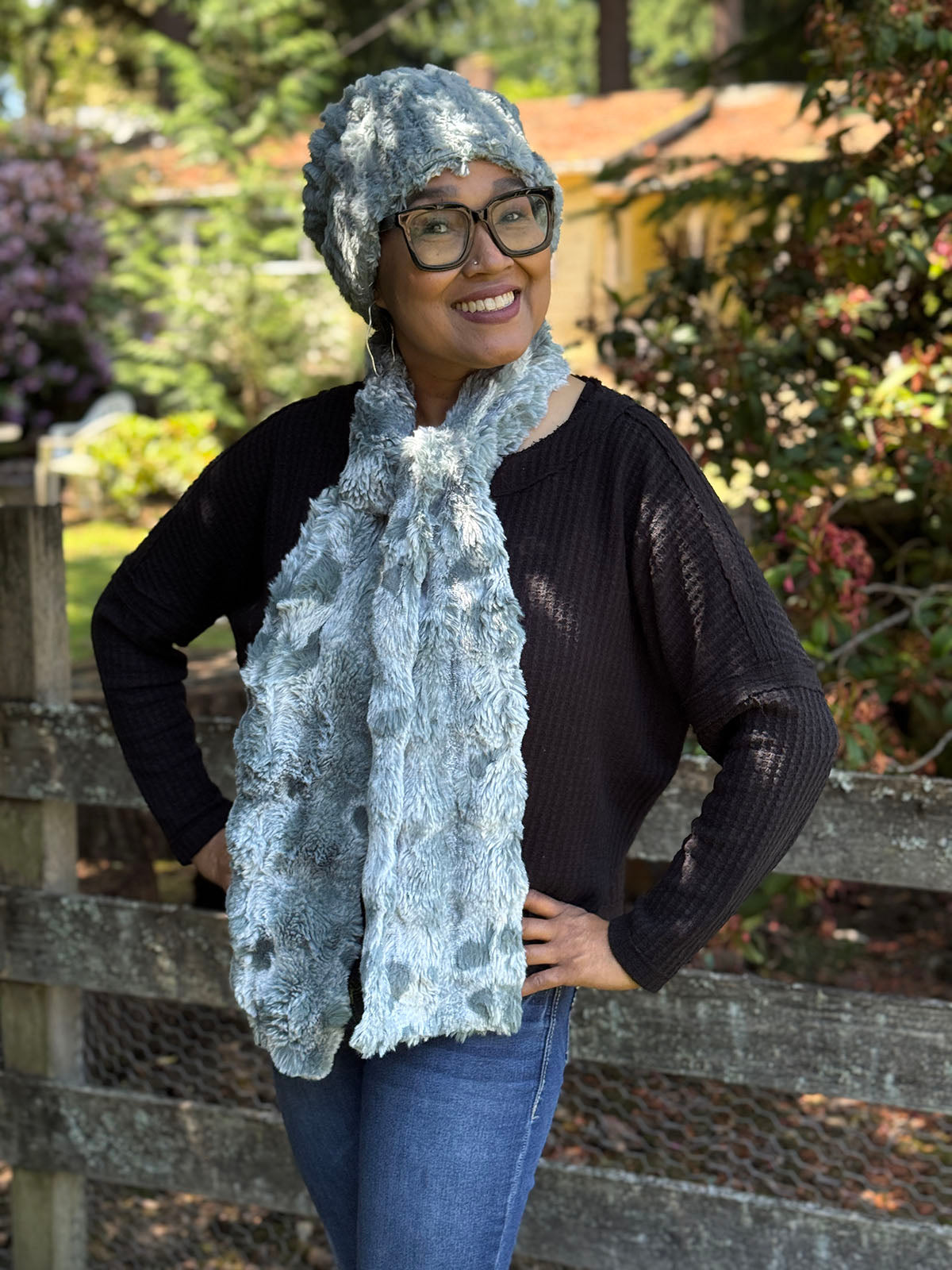 Woman wearing a Classic Scarf in Cloudwalk Blue Mist, shown with Cuffed Pillbox in Cloudwalk Blue Mist and Cirrus Blue Mist. Hand sewn in Seattle, WA by Pandemonium Seattle.