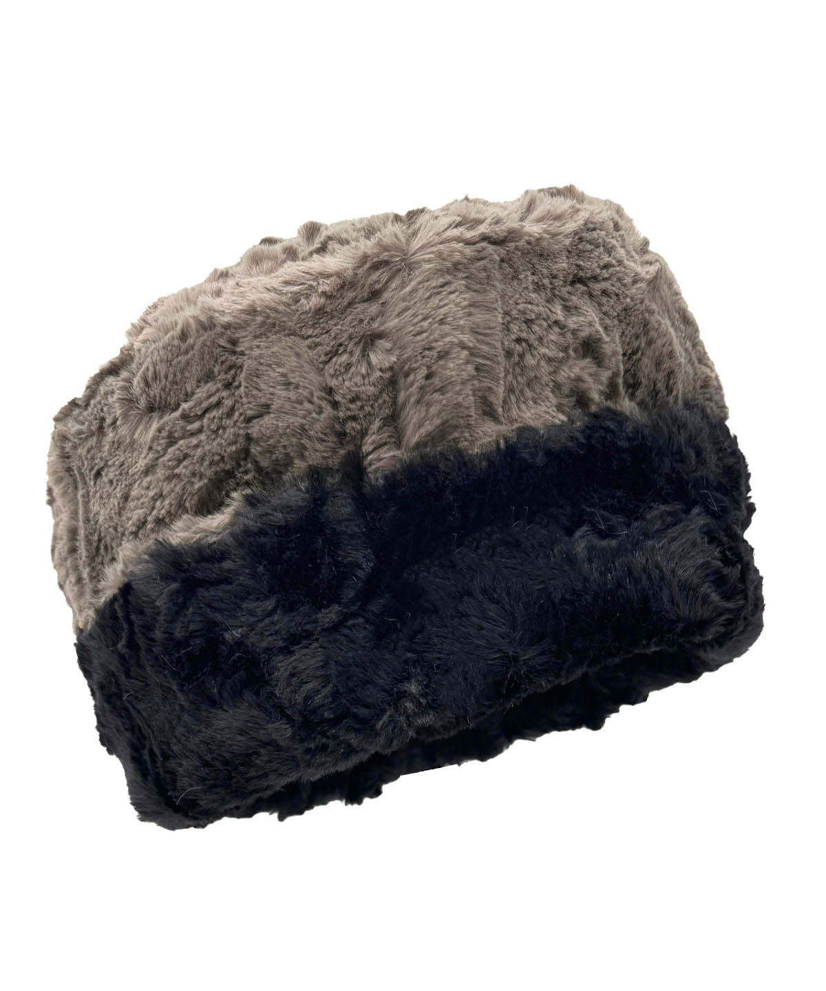 Solid Cuffed Pillbox in Cuddly Taupey Faux Fur shown with the cuff turned up. Made in Seattle, WA, USA by Pandemonium Seattle.