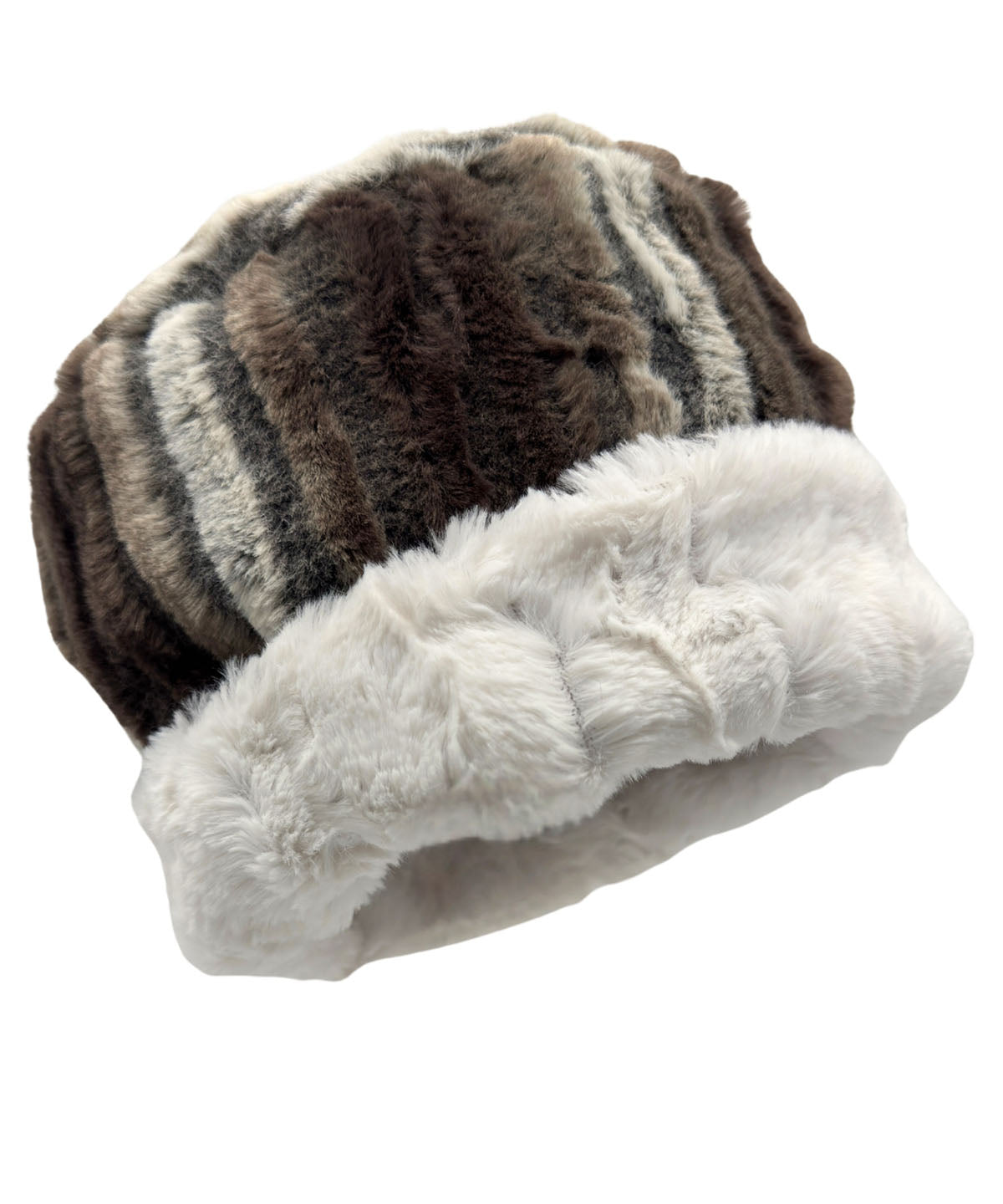 A Faux Fur Cuffed Pillbox Hat in Willows Grove and Cuddly Ivory. Hat is reversible. Made in Seattle, WA, USA by Pandemonium Seattle.