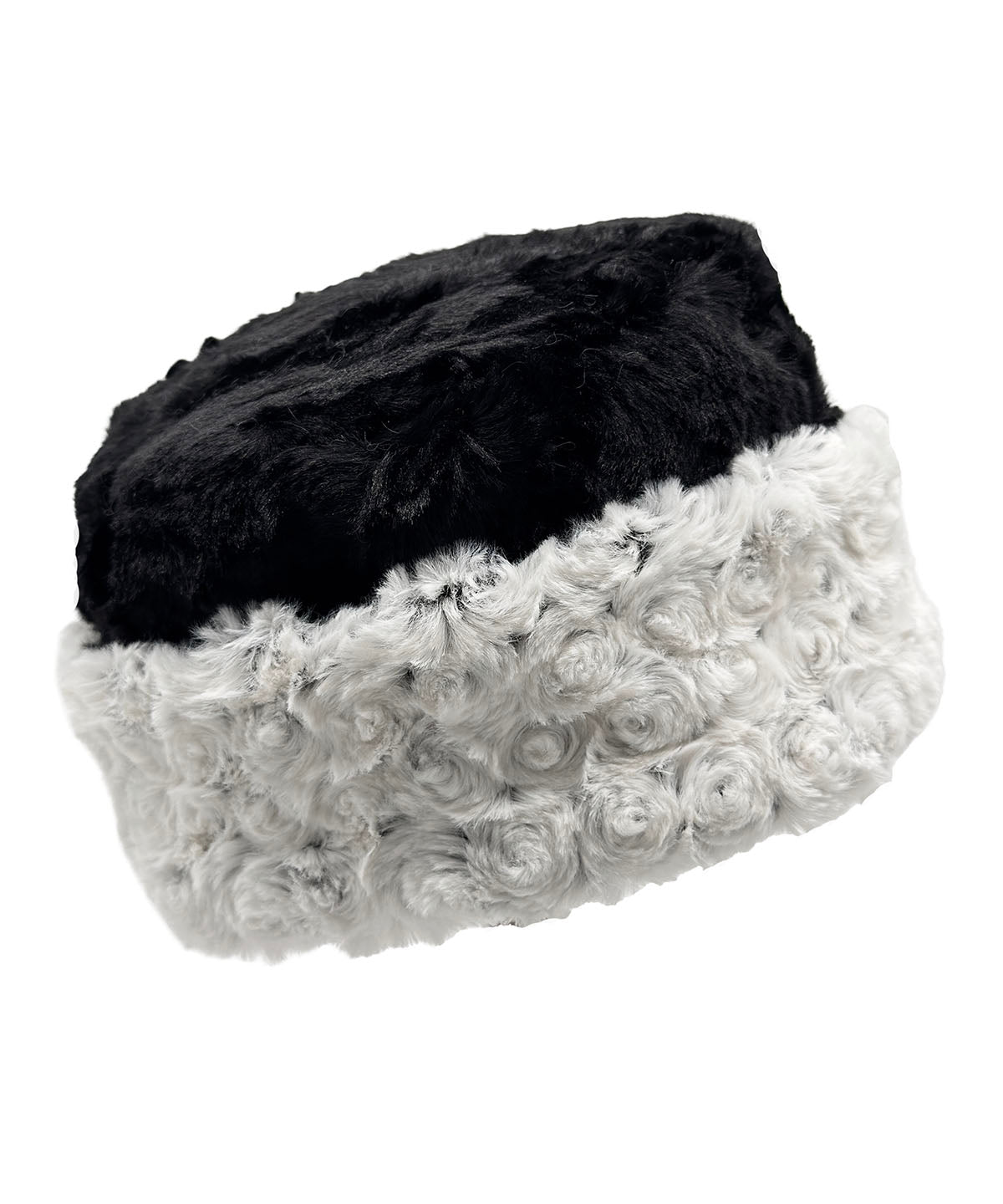 Cuffed Pillbox in Two-Tone Rosebud Black and Cuddly Black Faux Furs. Shown reversed to the Cuddly Black side with the Rosebud Black Cuff turned up. Made in Seattle, WA, USA by Pandemonium Seattle.