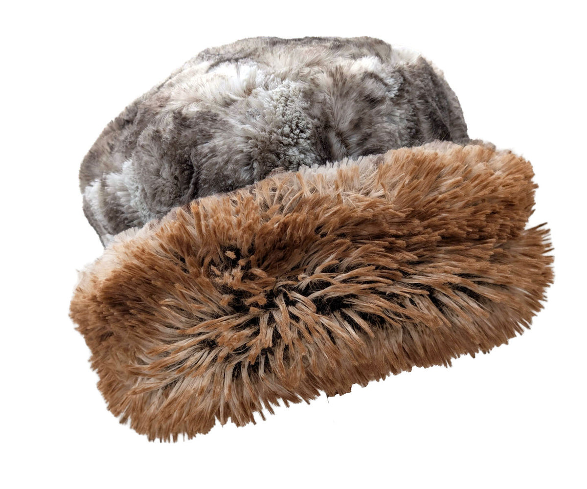 Two-Tone Cuffed Pillbox in Luxury Rusty Rock Faux Fur with Red Fox Faux Fur on reverse side. Shown with the Red Fox cuff. Made in Seattle, WA, USA by Pandemonium Seattle.