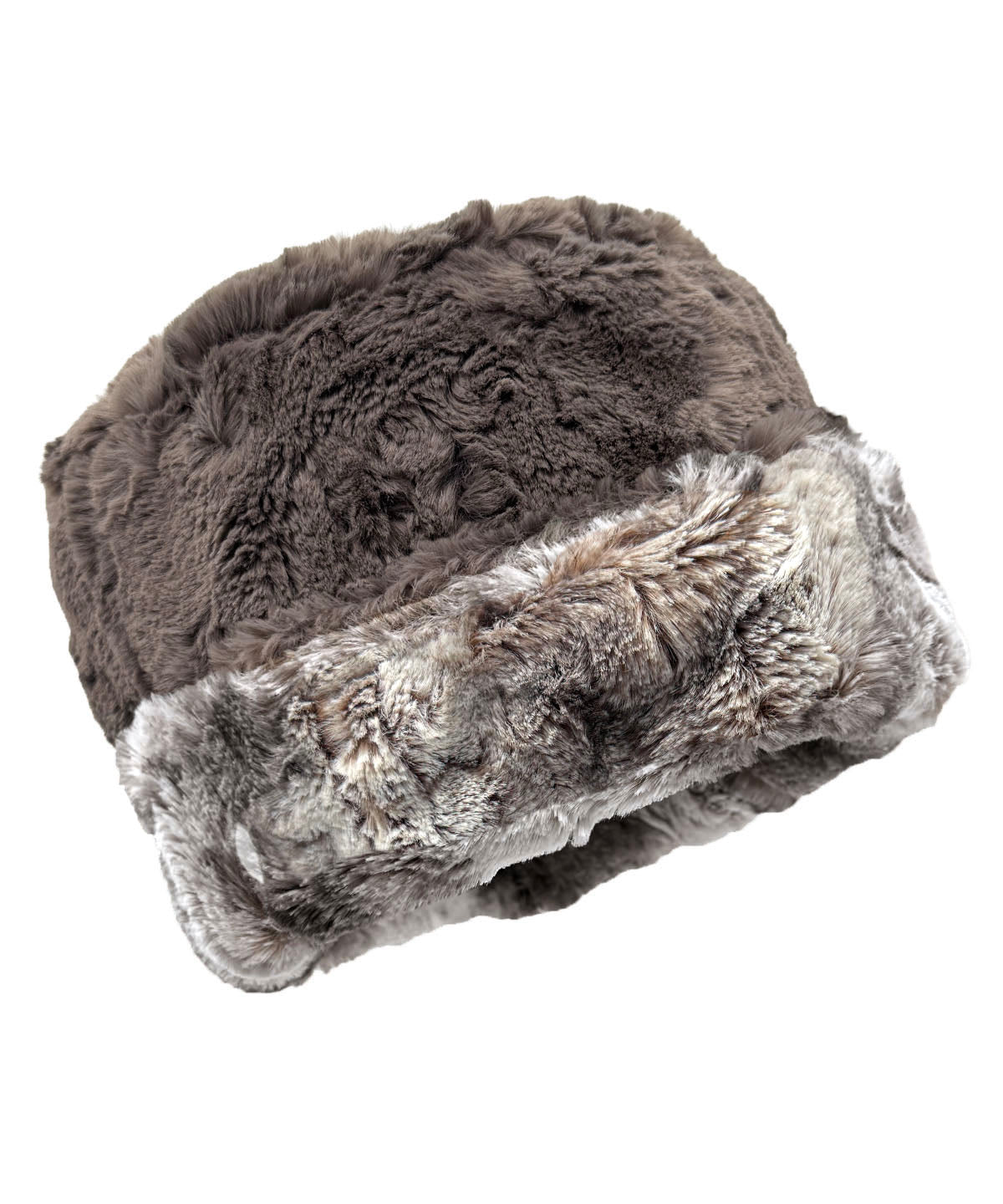 Two-Tone Cuffed Pillbox in Luxury Rusty Rock Faux Fur and Cuddly Taupey on the reverse side. Shown reversed to the Cuddly Taupey side with Rusty Rock Faux Fur on cuff. Made in Seattle, WA, USA by Pandemonium Seattle.